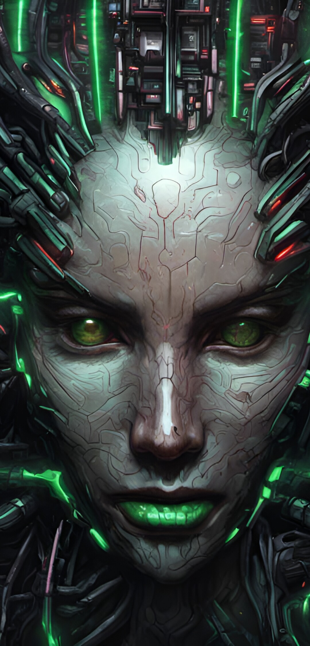 Una figura cibernetica minacciosa, con occhi verdi luminosi e complessi circuiti meccanici, che rappresenta Shodan del videogioco System Shock.