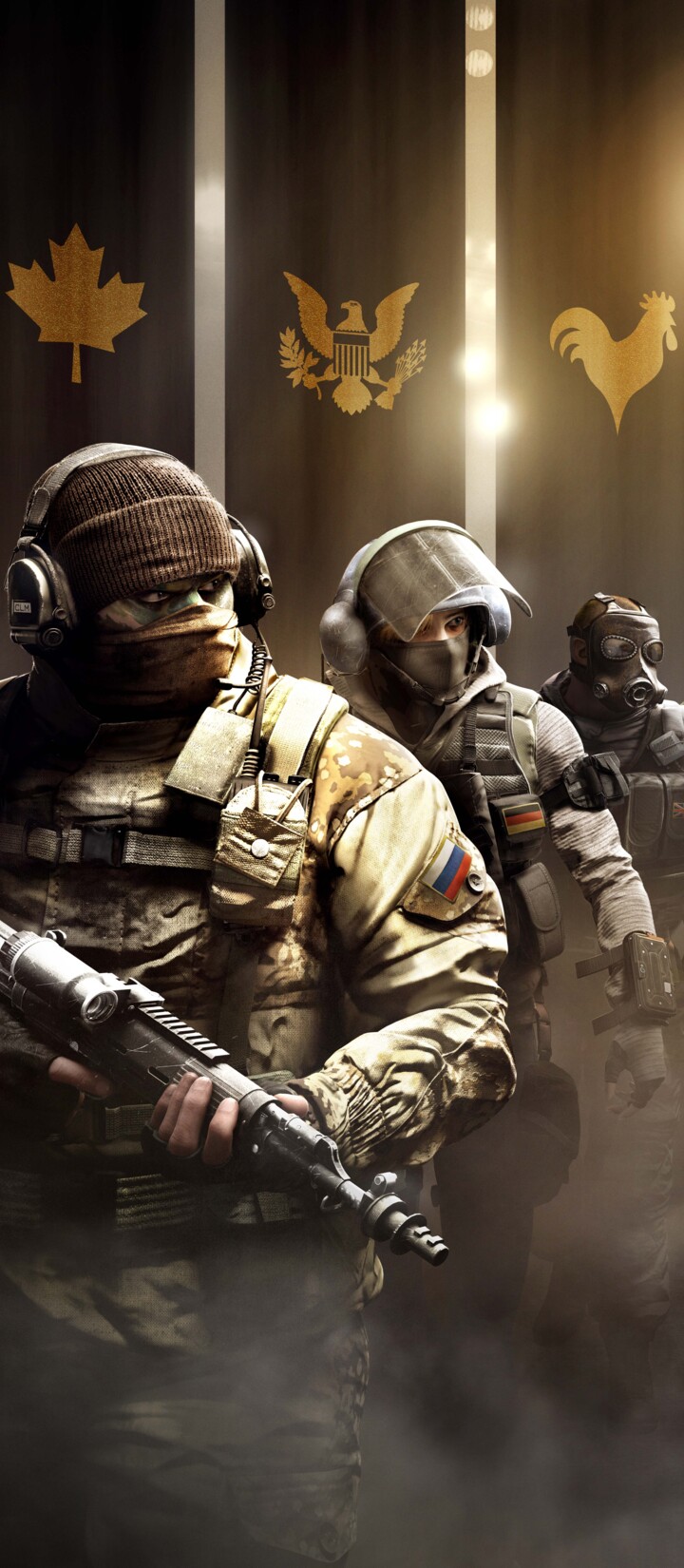 Un operatore tattico proveniente da Tom Clancy’s Rainbow Six Siege, equipaggiato con un completo equipaggiamento da combattimento e un casco tattico, pronto per una missione.