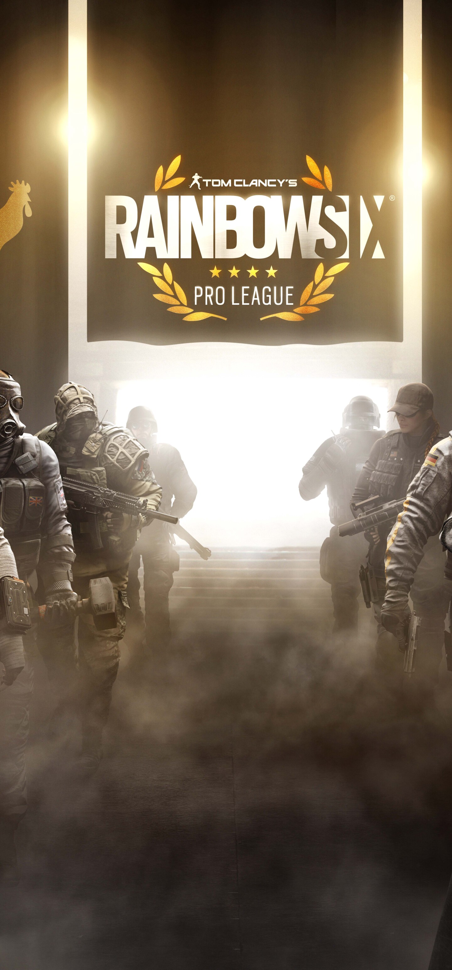 A cinematic view of a tactical operator from Tom Clancy's Rainbow Six: Siege equipped with advanced combat gear and a helmet.