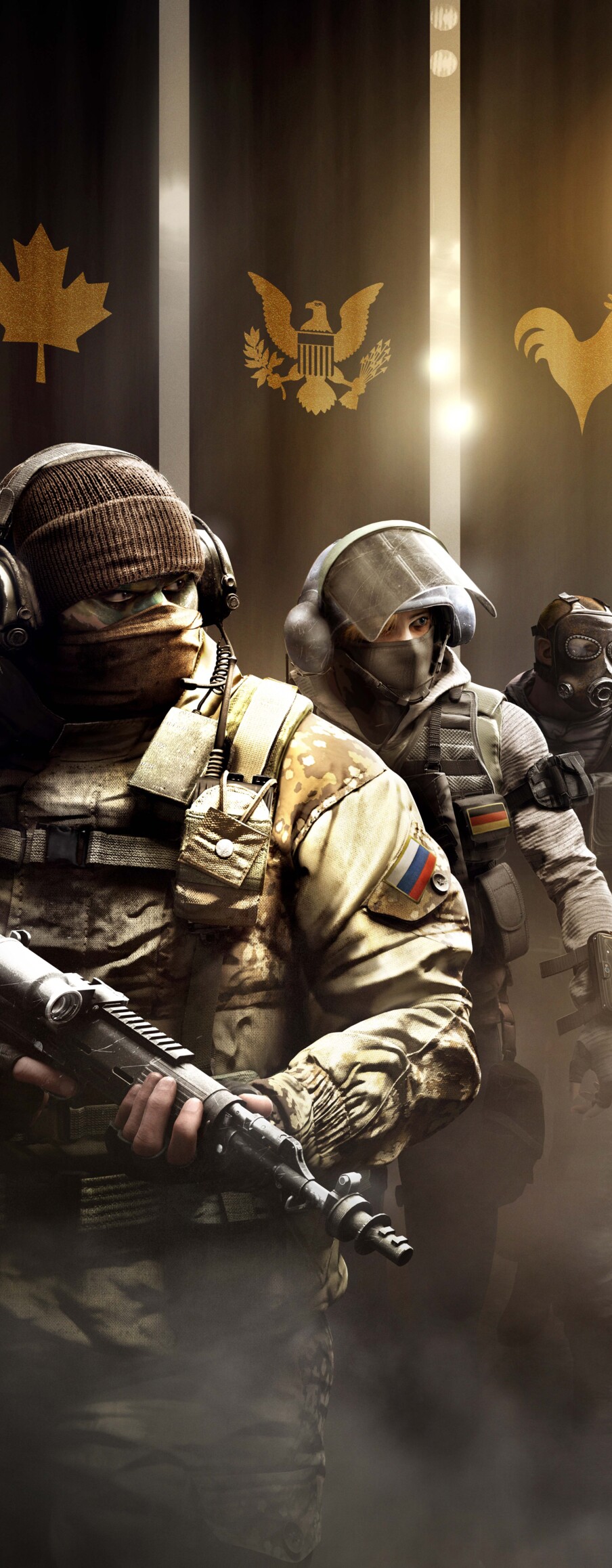 A combat-ready tactical operator wearing high-tech military gear and a helmet from the game Tom Clancy's Rainbow Six Siege.