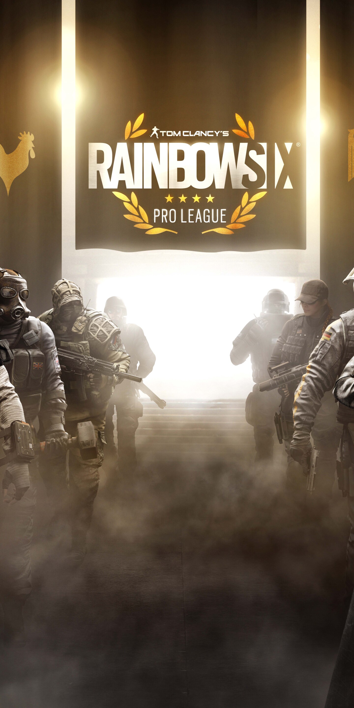 Un operatore tattico altamente equipaggiato, proveniente dal gioco Tom Clancy’s Rainbow Six Siege, in posizione di combattimento.