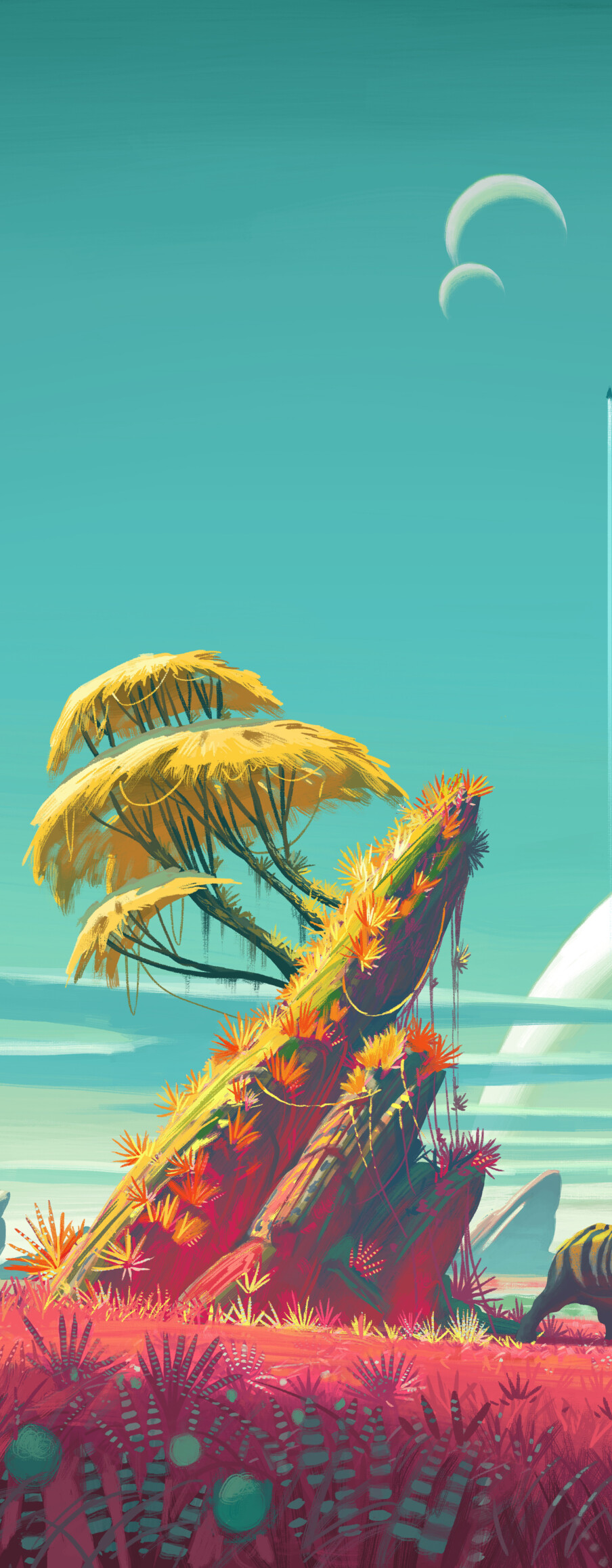 Un esploratore spaziale di fantascienza, con indosso una tuta pressurizzata, osserva un paesaggio colorato e alieno da un punto panoramico nel videogioco No Man's Sky.