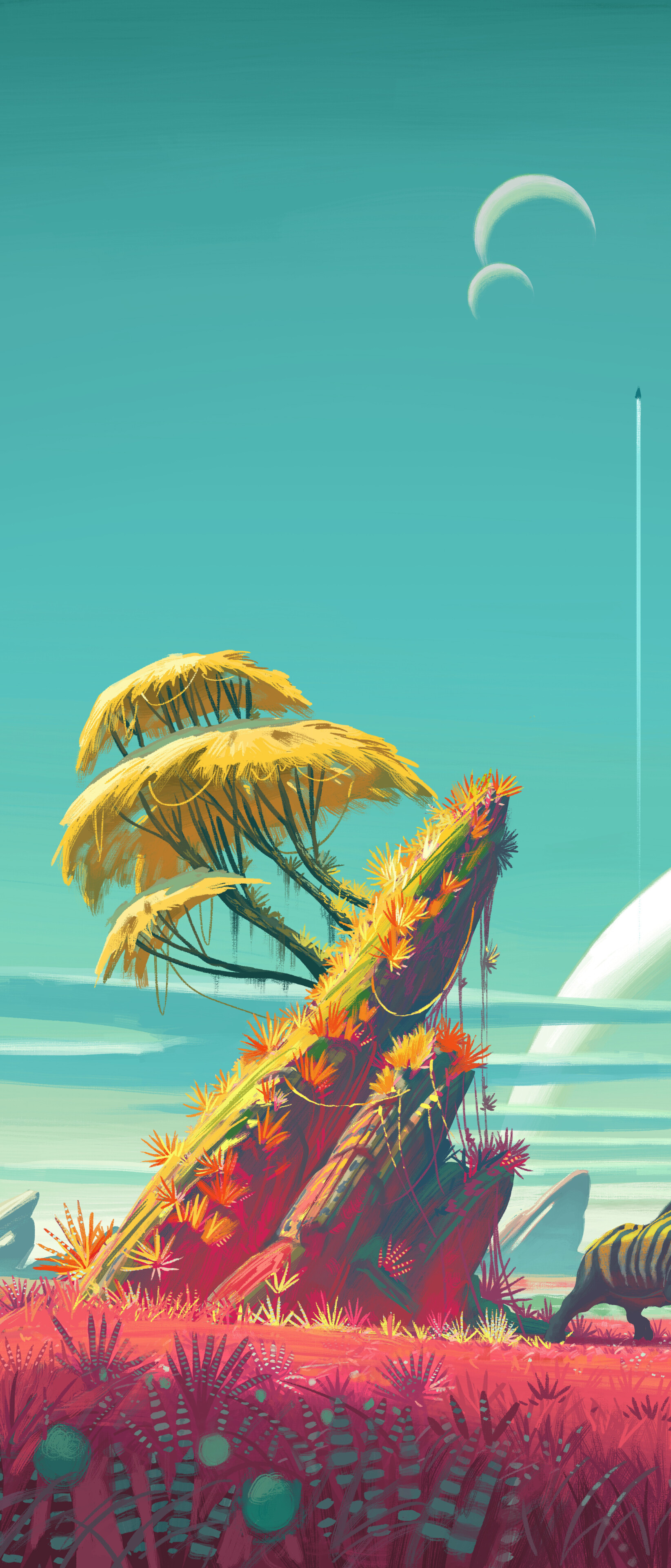 The Traveler from No Man's Sky overlooking a colorful, alien planetary landscape with exotic plants and a cosmic sky.