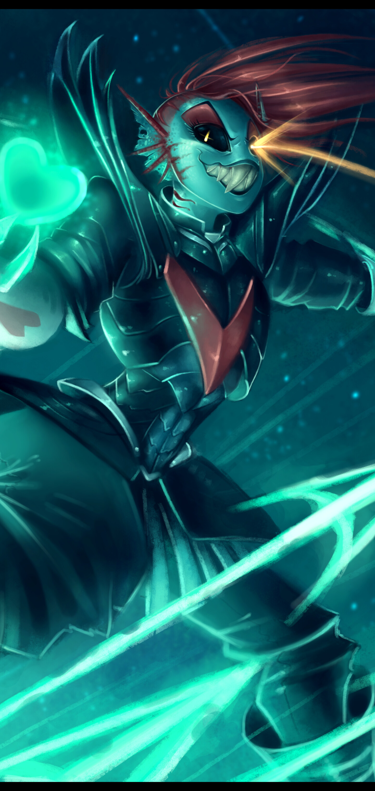 Undyne The Undying from Undertale wearing heavy armor with a prominent red heart symbol.