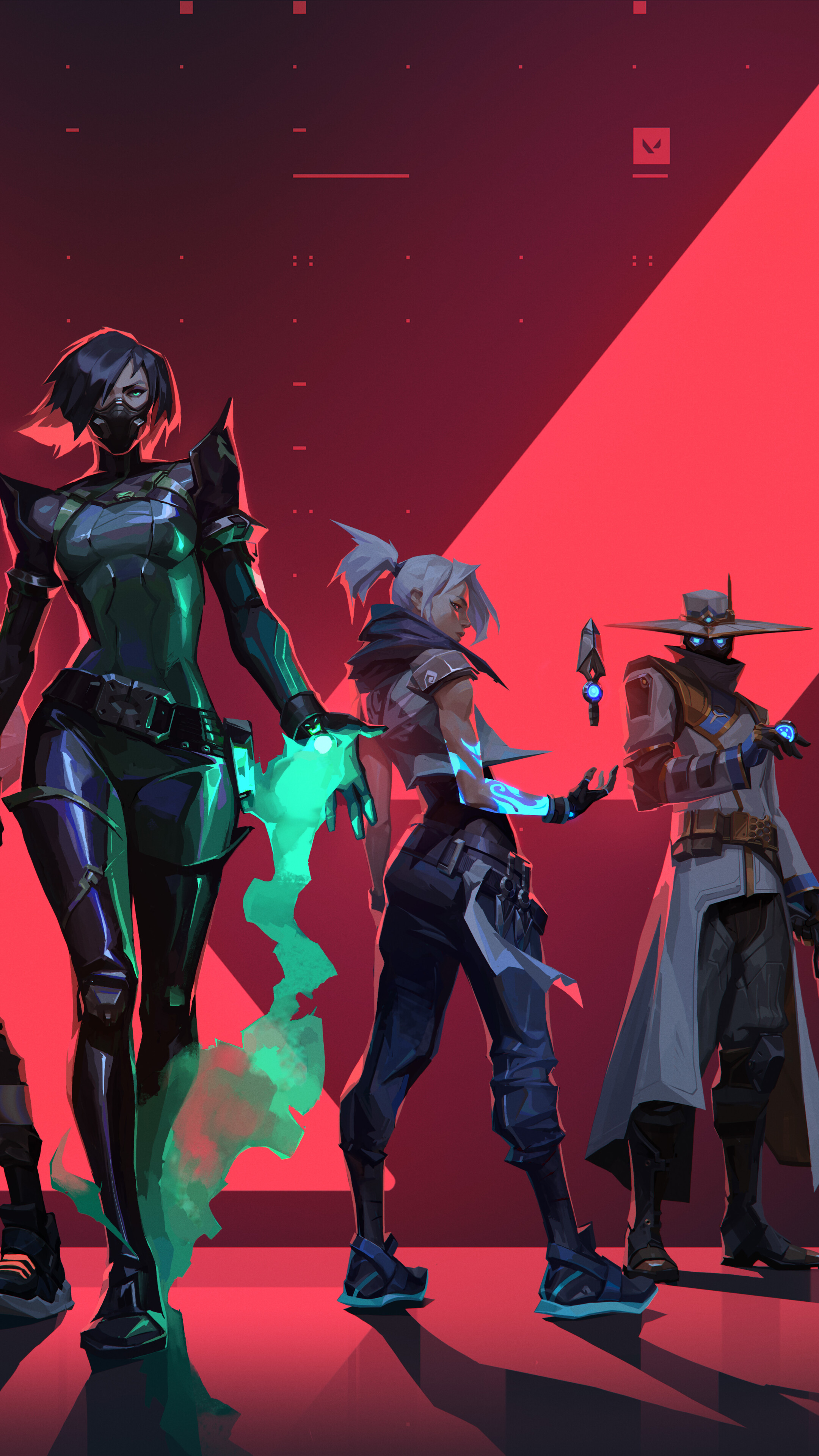 A group portrait of Valorant characters Jett, Phoenix, Viper, Cypher, and Sova.
