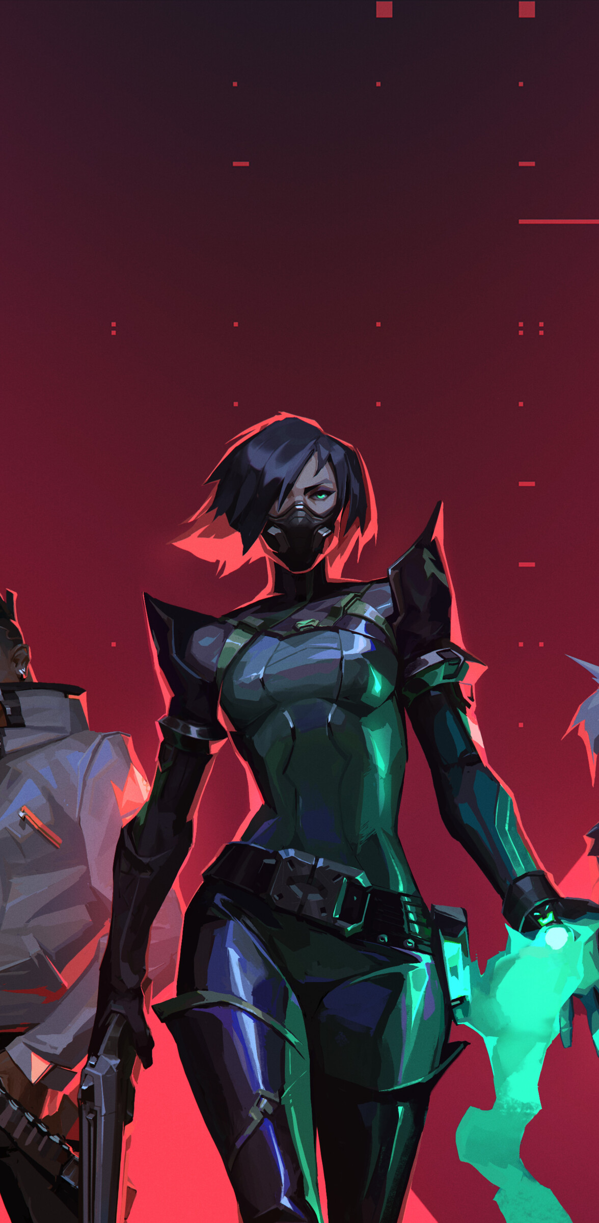 A group portrait of Valorant agents Cypher, Jett, Viper, Phoenix, and Sova.