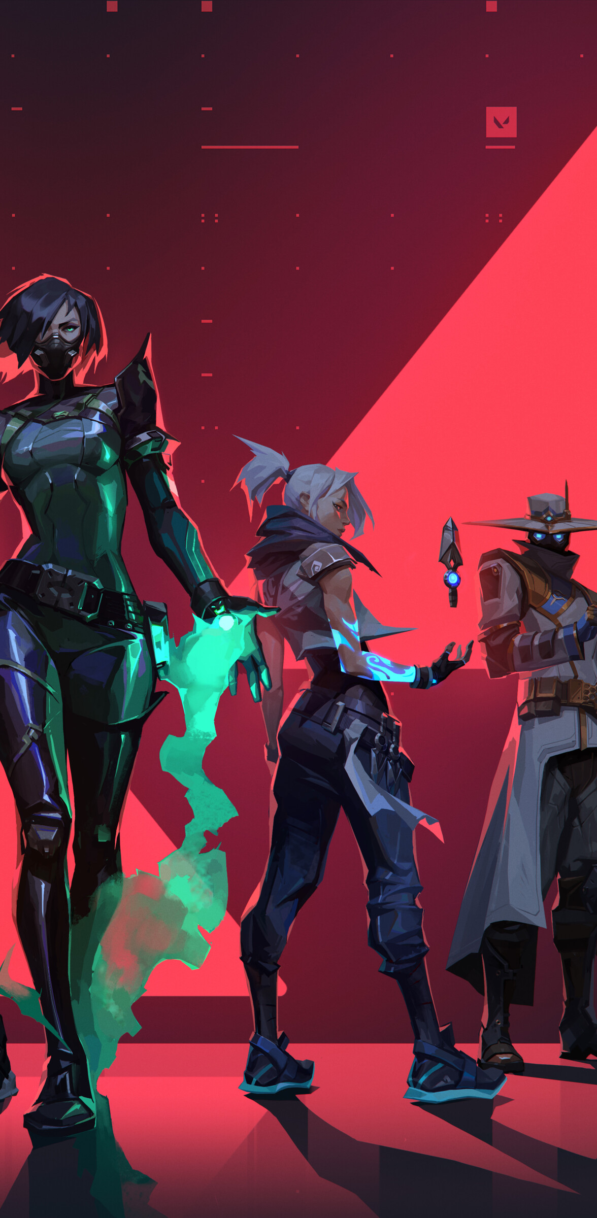 A group of Valorant characters including Jett, Phoenix, Viper, Cypher, and Sova.