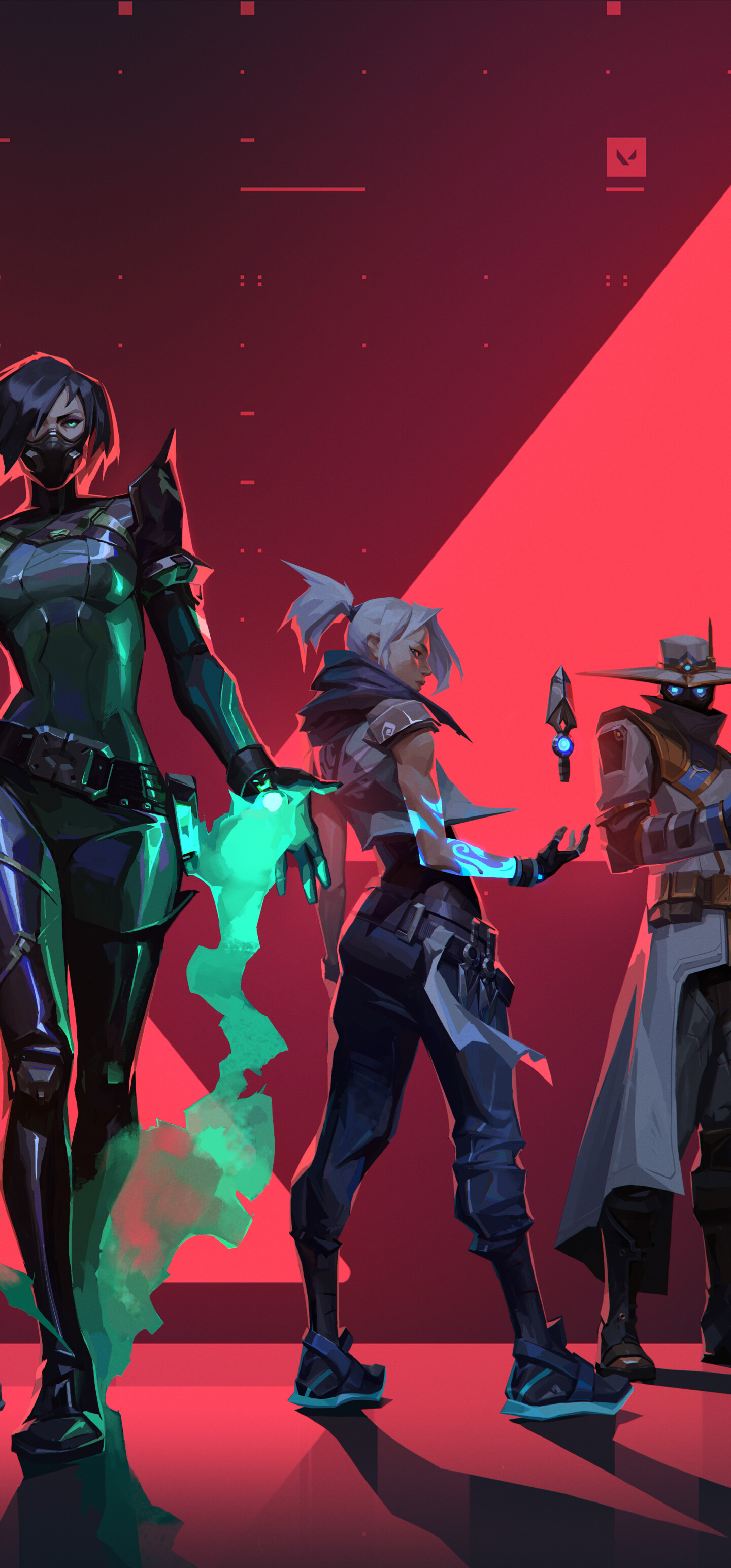 A group portrait of Valorant characters Jett, Cypher, Viper, Phoenix, and Sova.