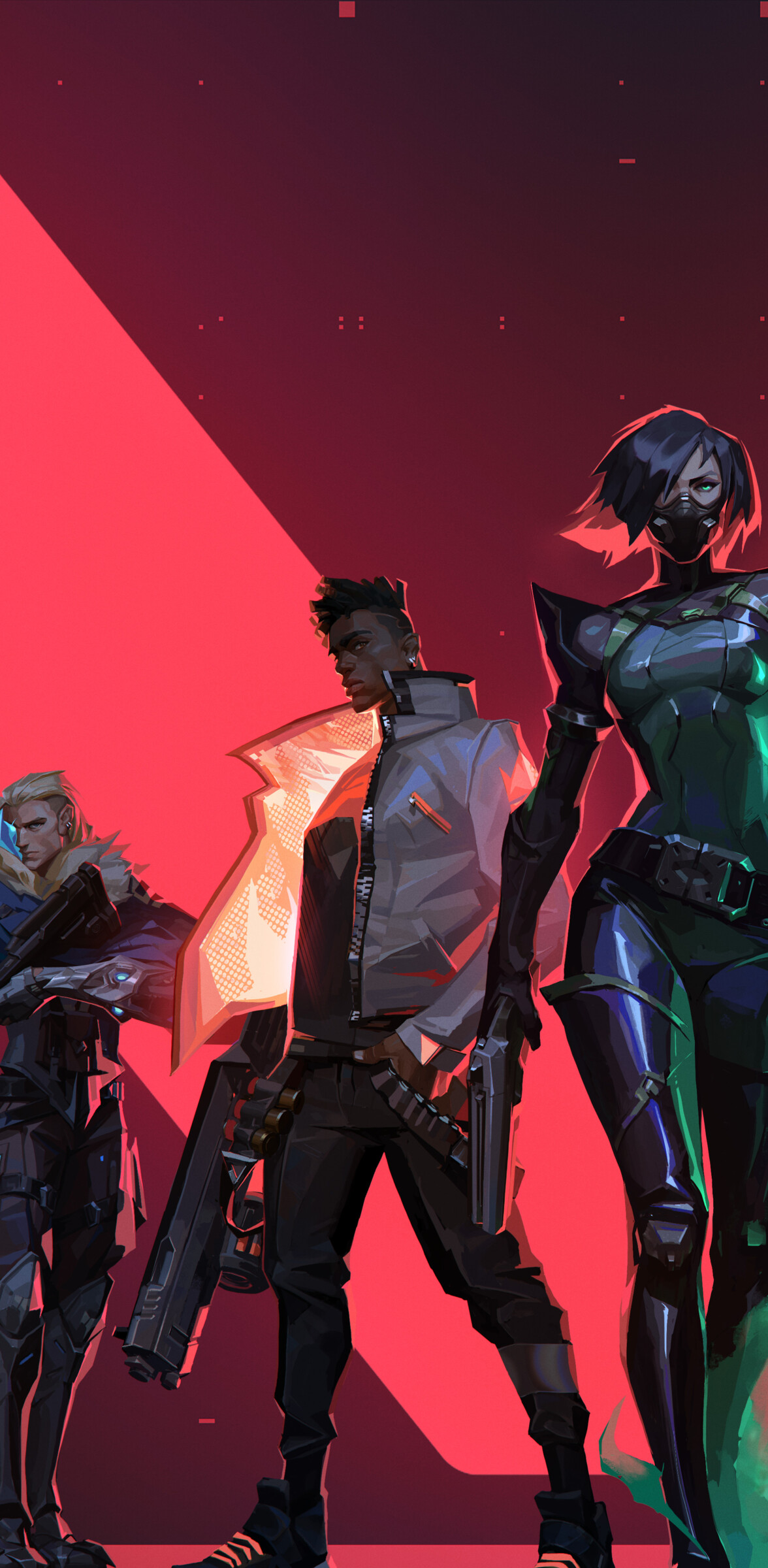 A group portrait of Valorant characters including Jett, Phoenix, Viper, Sova, and Cypher.