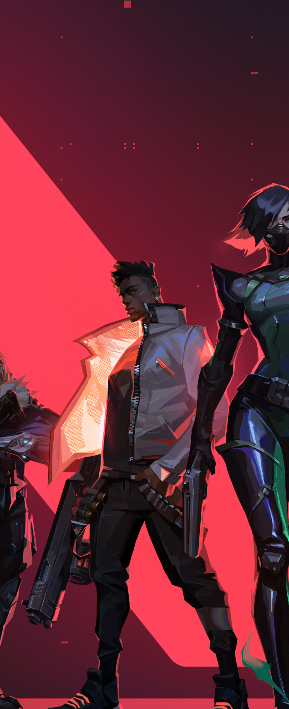 A group portrait of Valorant characters Jett, Viper, Phoenix, Sova, and Cypher.