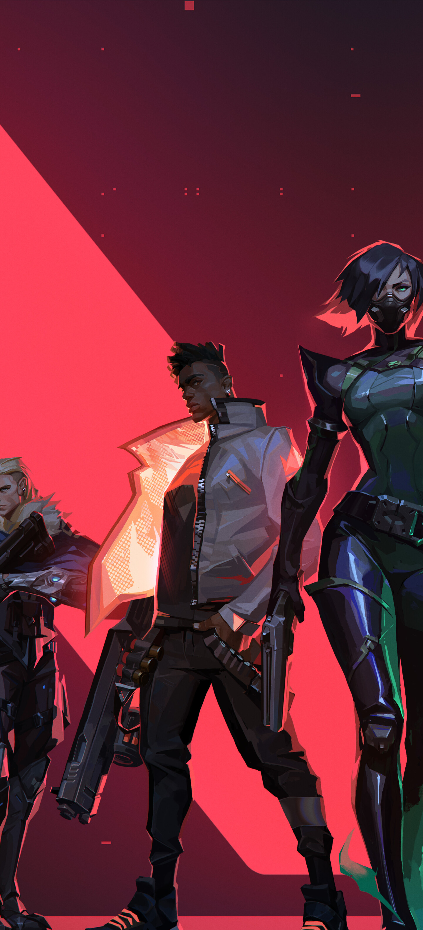 A group portrait of Valorant characters Cypher, Jett, Viper, Phoenix, and Sova standing together.