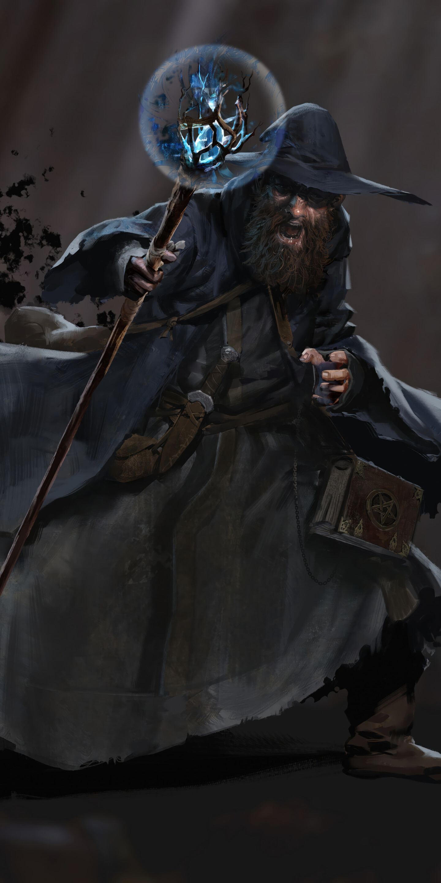 A dark fantasy wizard holding a magical staff in a dim dungeon setting, representing the Wizard class from Dark and Darker.
