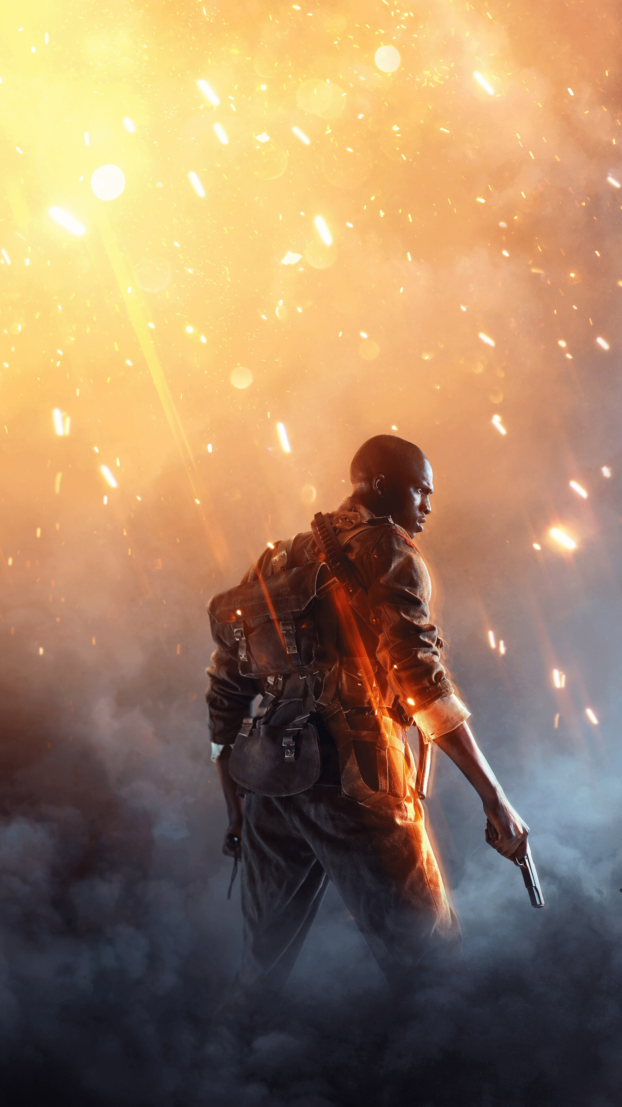 A soldier in World War I gear amidst the smoke and mud of a battlefield from Battlefield 1.