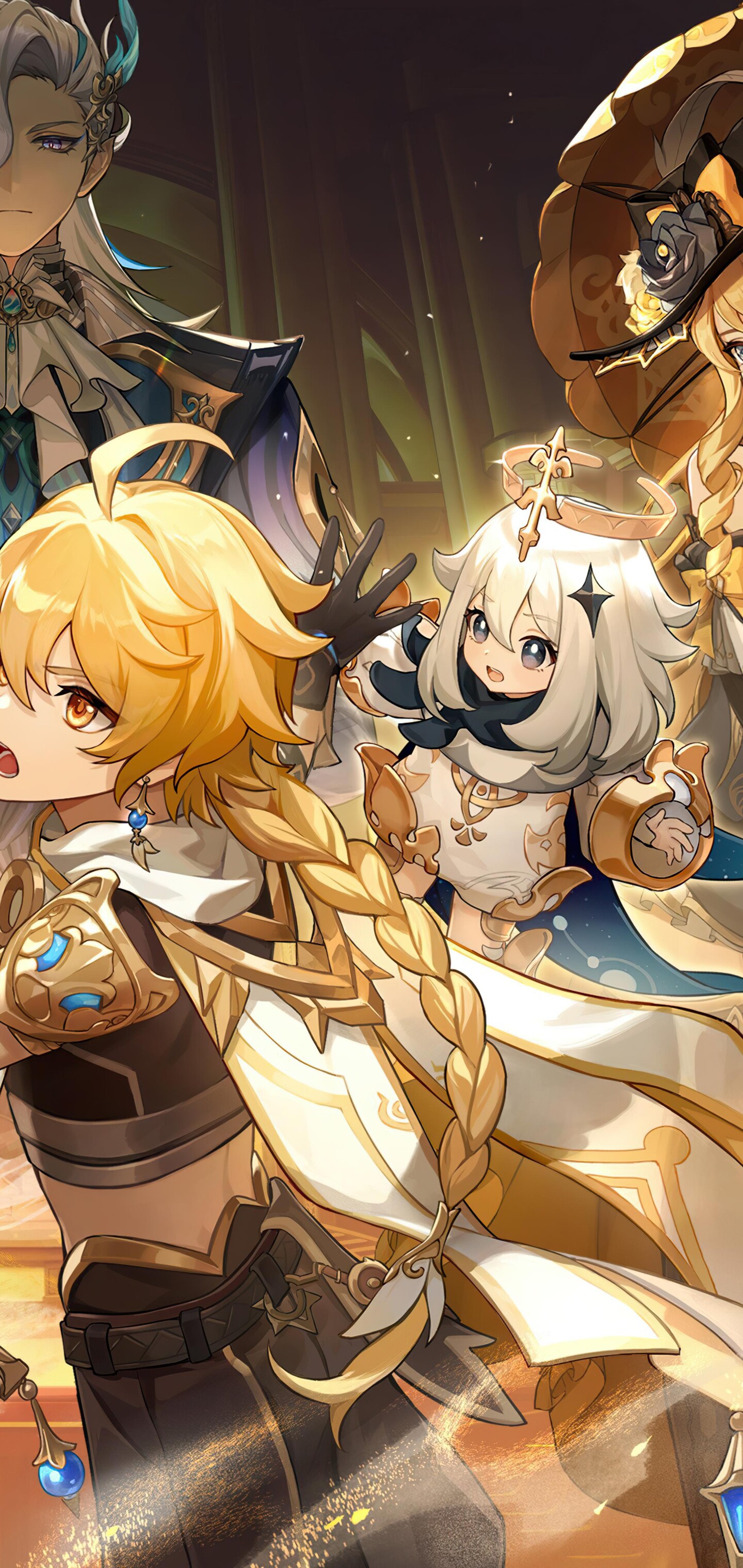 Un ritratto di gruppo che raffigura Furina, Neuvillette, Lyney e Lynette, personaggi del videogioco Genshin Impact.