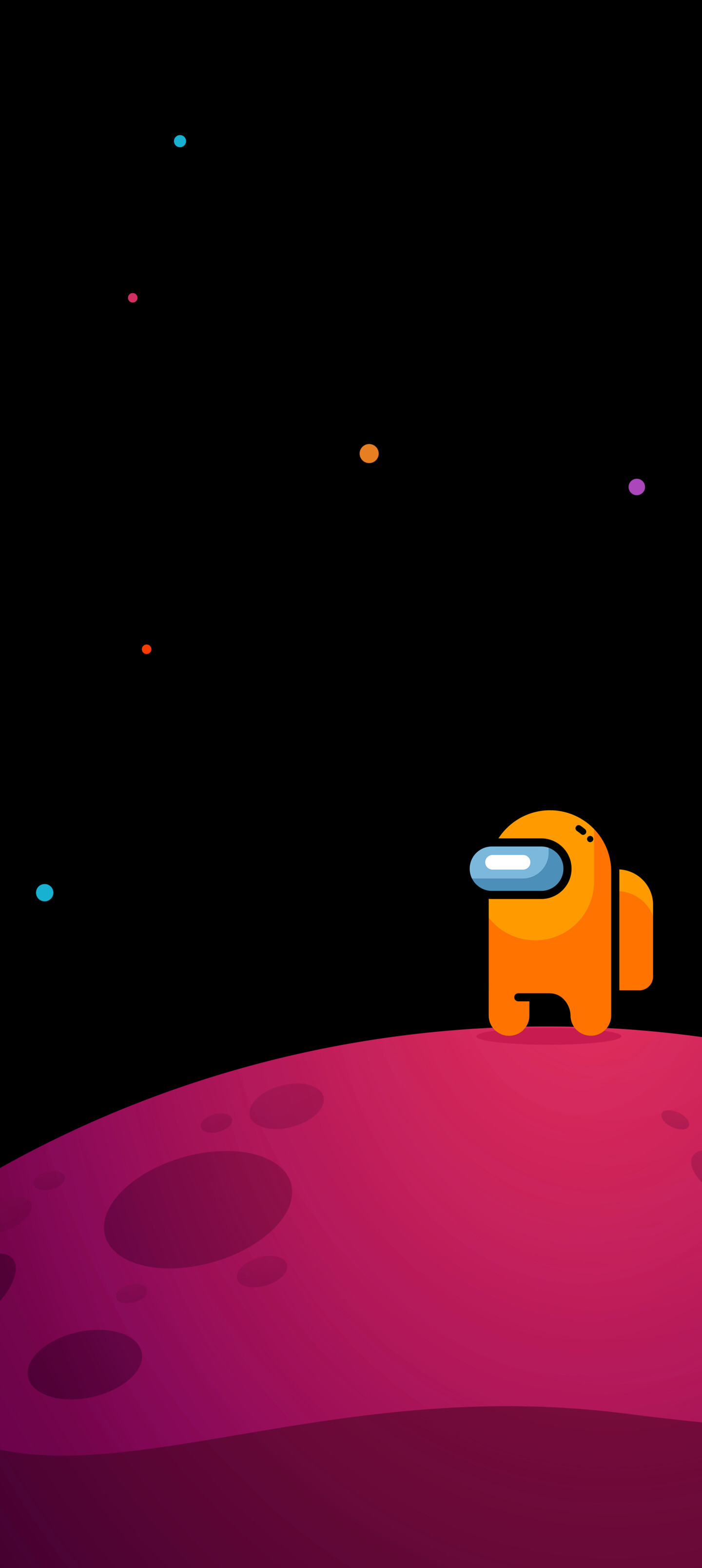 A colorful Crewmate character from the game Among Us standing in a stylized space setting.