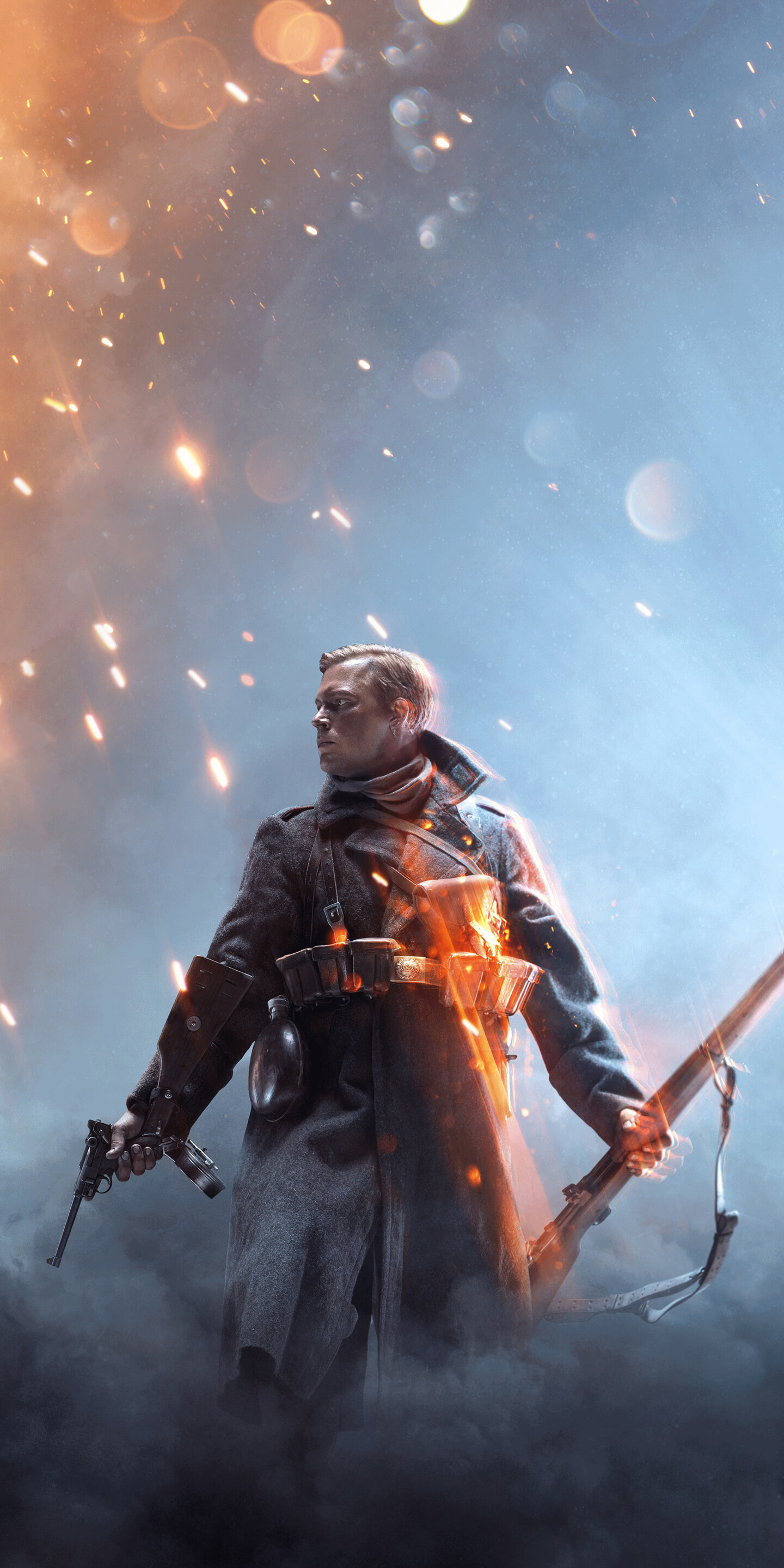 Un soldato in uniforme militare della Prima Guerra Mondiale, sullo sfondo di un campo di battaglia fumoso e devastato dalla guerra, tratto dal gioco Battlefield 1.