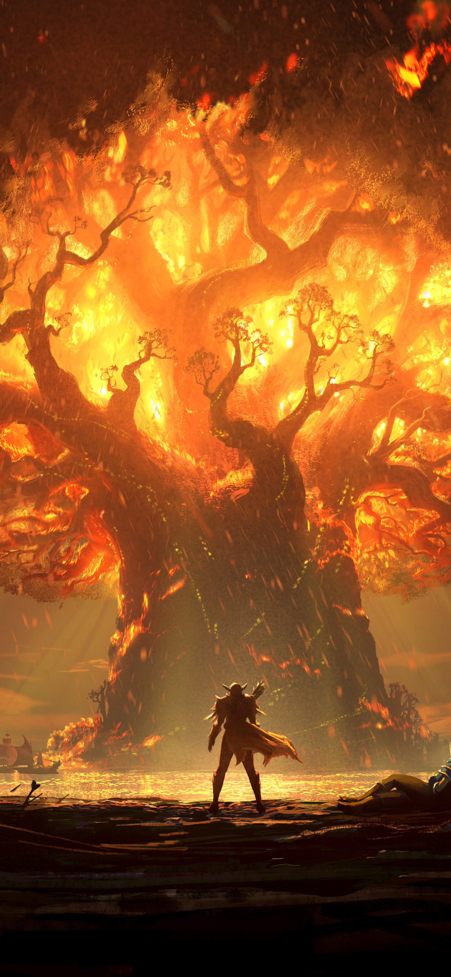 A powerful warrior wielding a flaming sword amidst a burning forest, inspired by the World of Warcraft: Battle for Azeroth expansion.