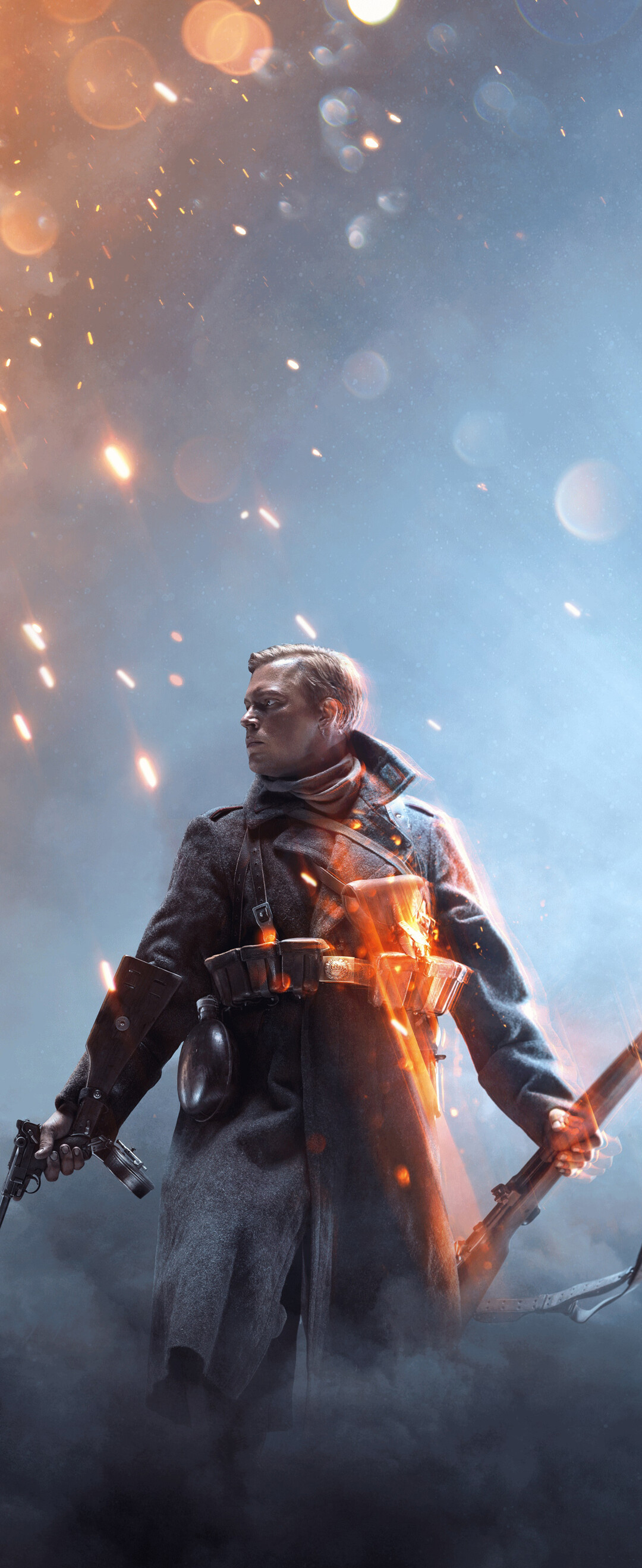 Un soldato immerso nel fumo e nella distruzione di un campo di battaglia, ispirato al videogioco Battlefield 1.