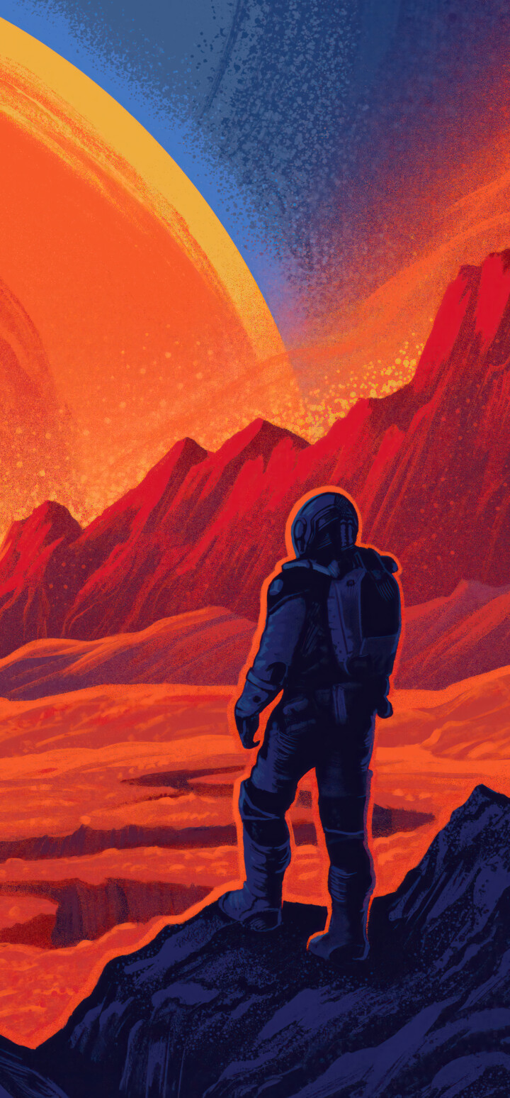 A detailed astronaut in a high-tech space suit observing a vibrant, colorful nebula and distant stars in deep space.