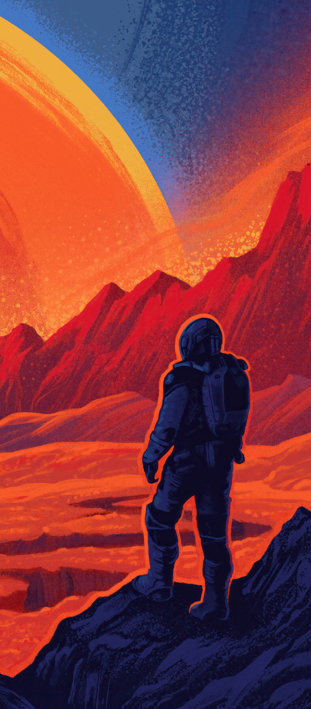 A detailed astronaut in a high-tech spacesuit looking out at a colorful swirling galaxy and distant stars.