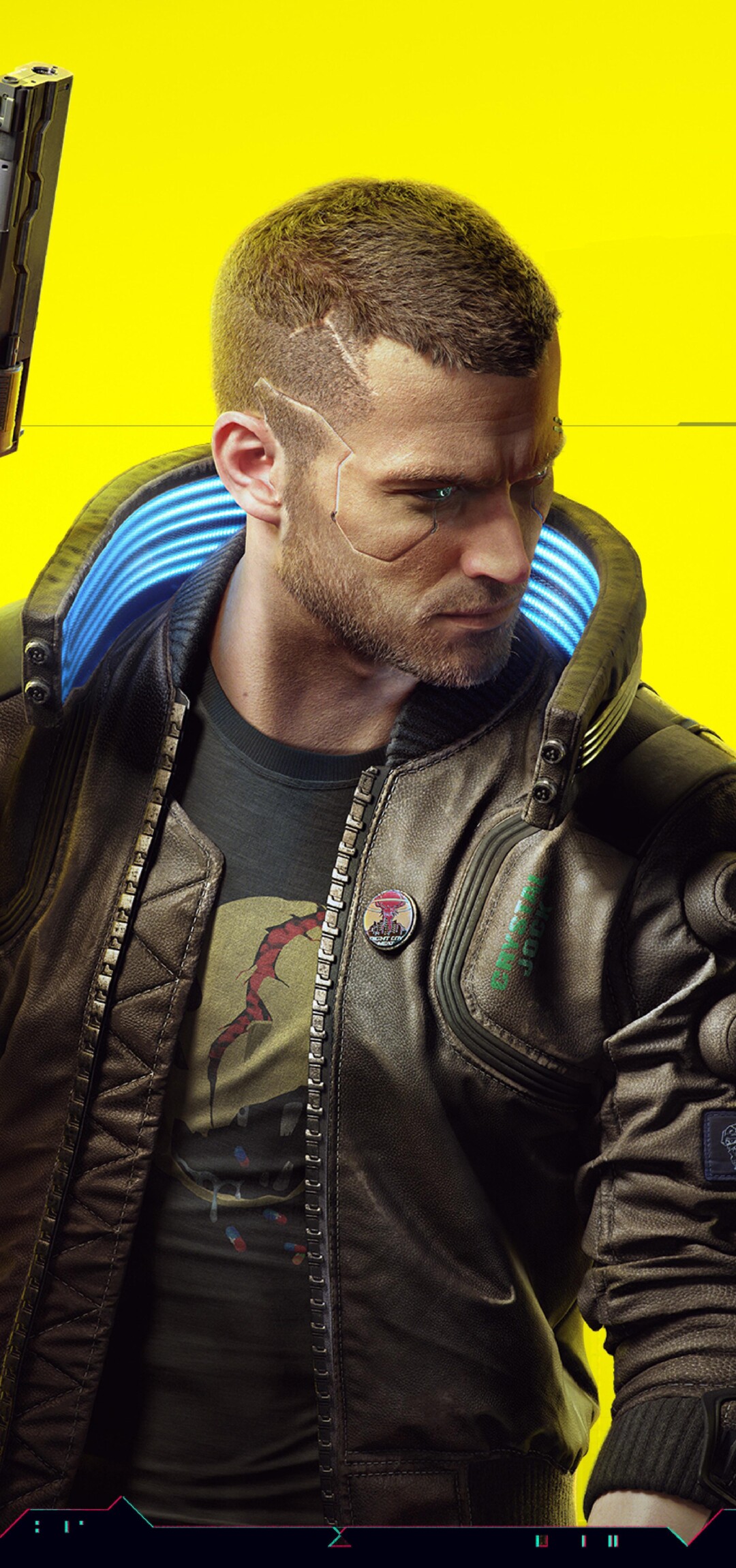 A cyberpunk character with glowing cybernetic implants navigating a dark, neon-lit urban environment.