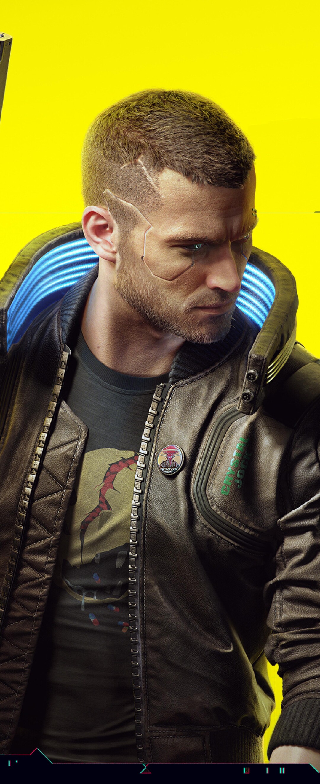 A futuristic character with glowing neon cybernetic eyes and metallic facial implants, wearing high-tech urban gear in a cyberpunk city environment.