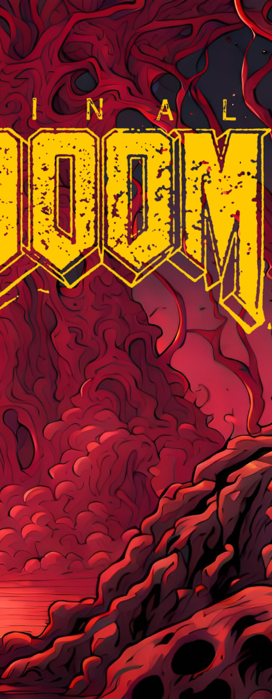 The iconic character Doomguy from the Doom video game series standing amidst a demonic landscape.