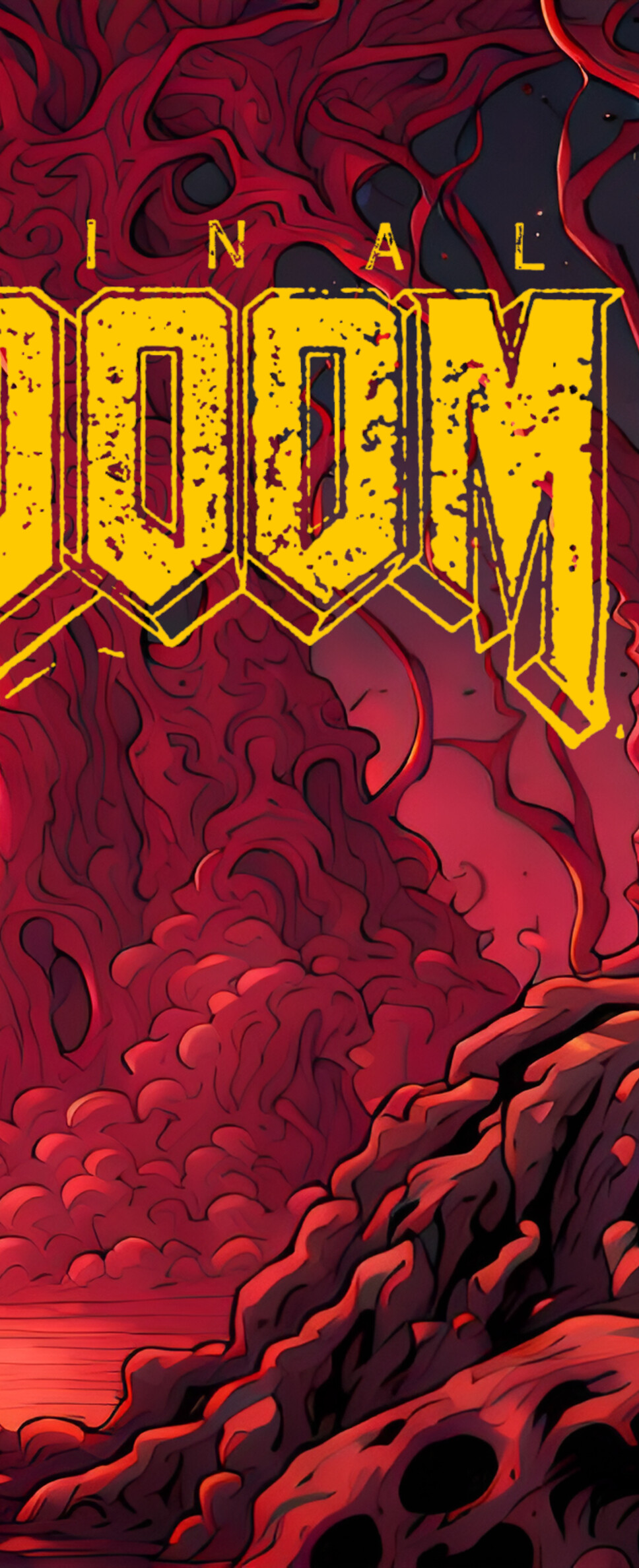 Il protagonista del videogioco Doom, vestito con un’armatura da combattimento e pronto a entrare in battaglia in un ambiente oscuro e demoniaco.