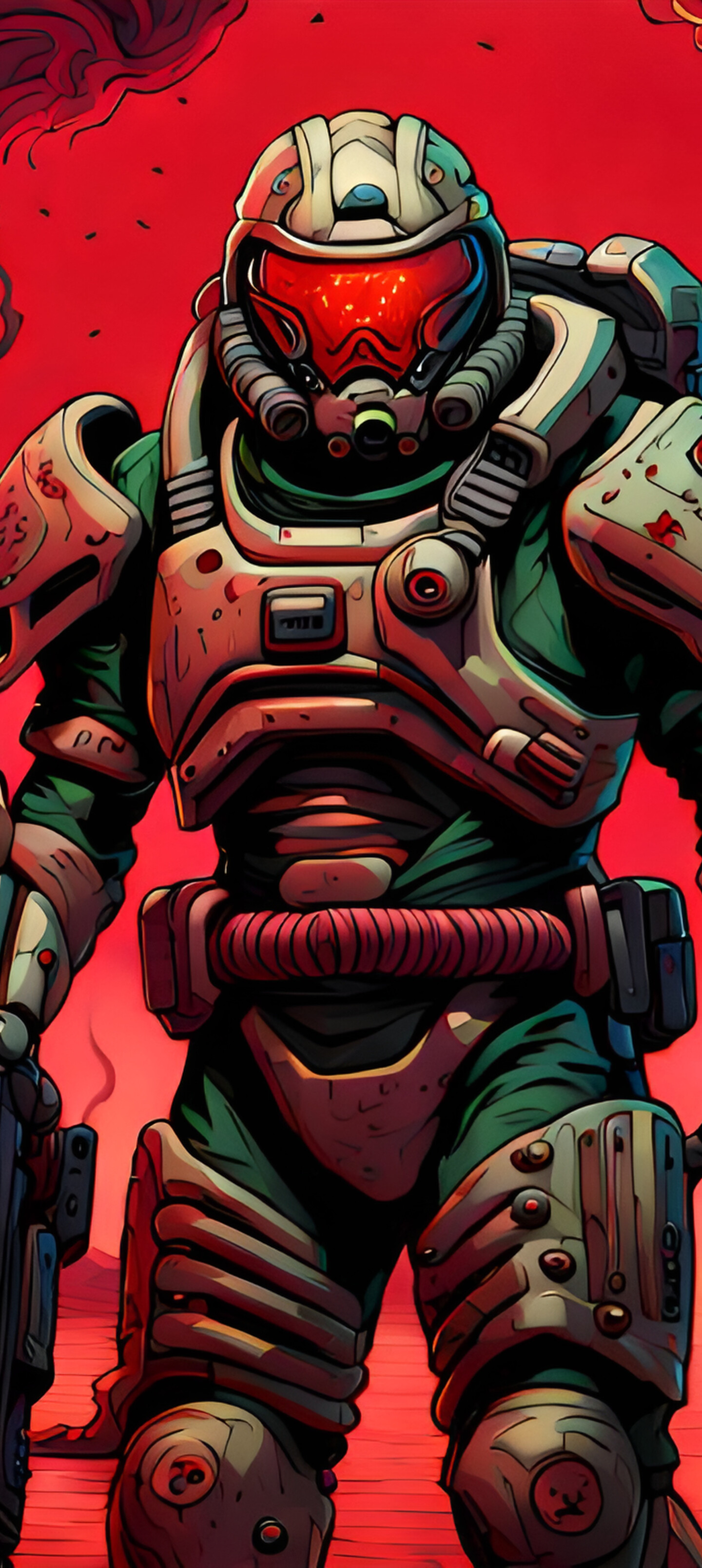L’iconico personaggio Doomguy, protagonista della serie di videogiochi Doom, si trova in piedi in un ambiente cupo e devastato dalla battaglia.