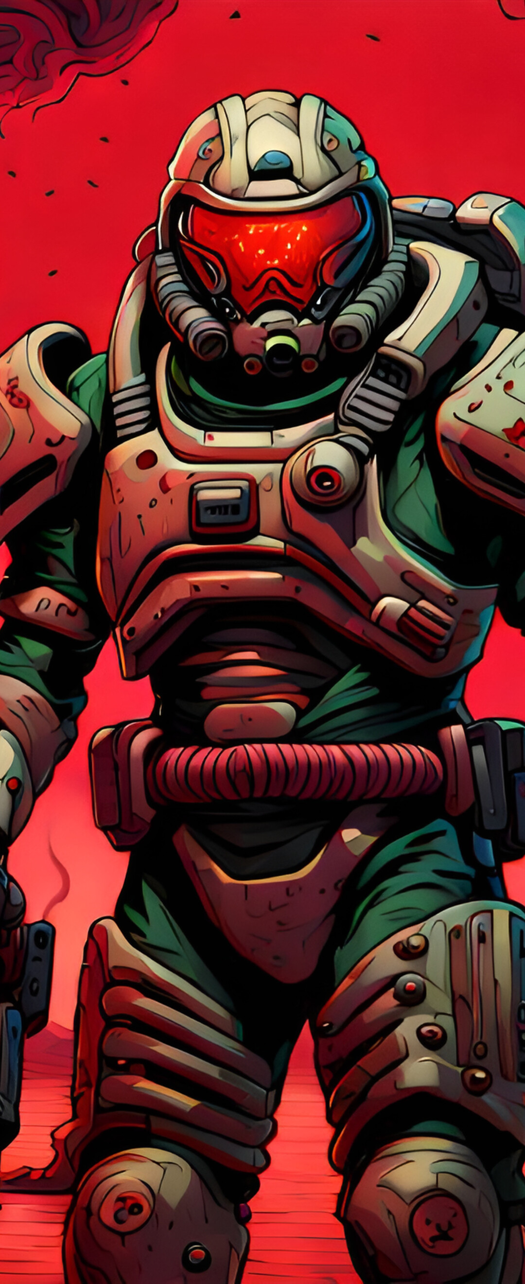 Il leggendario Doomguy, protagonista della serie di videogiochi Doom, si preparò alla battaglia in un ambiente oscuro, infestato da demoni.