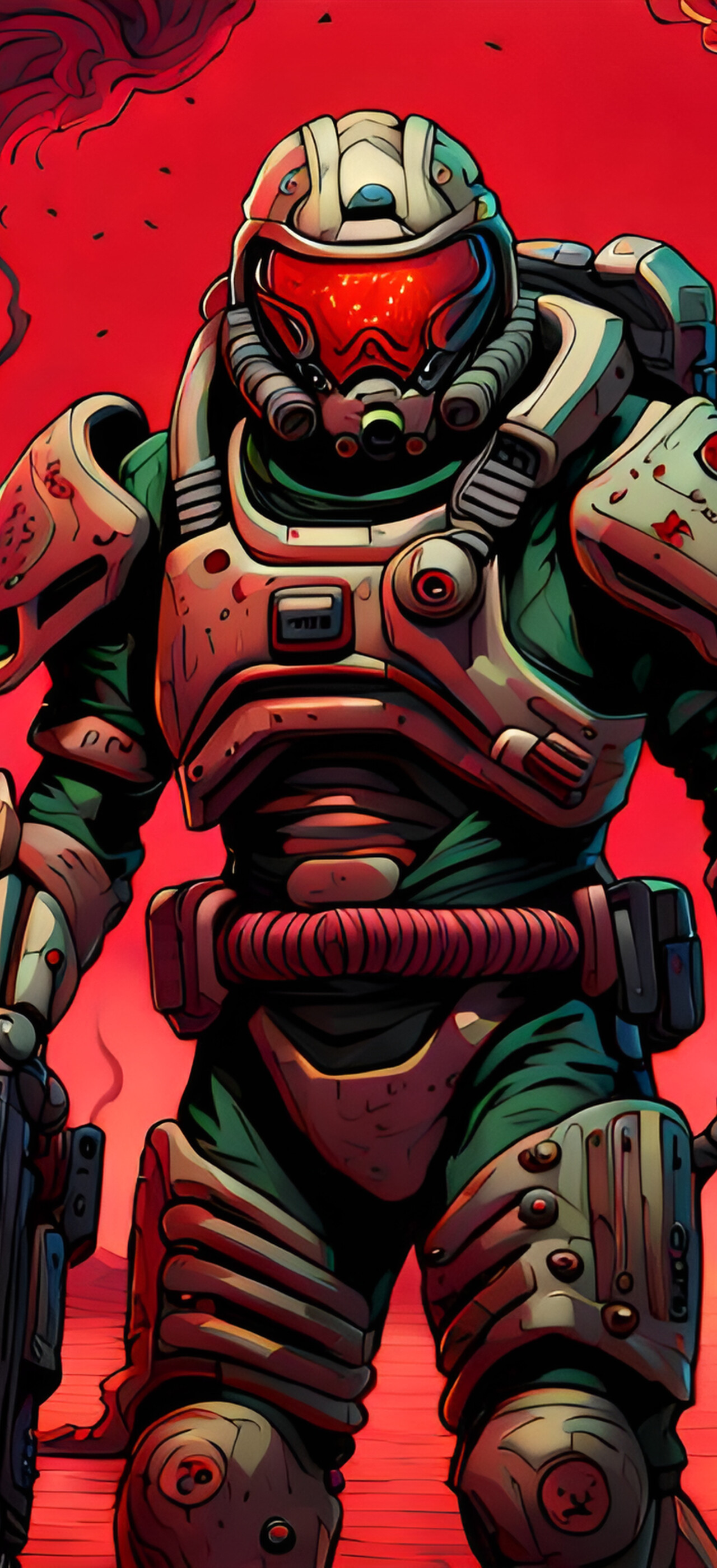 Doomguy from the Doom video game series wearing heavy green armor and ready for combat against demons.