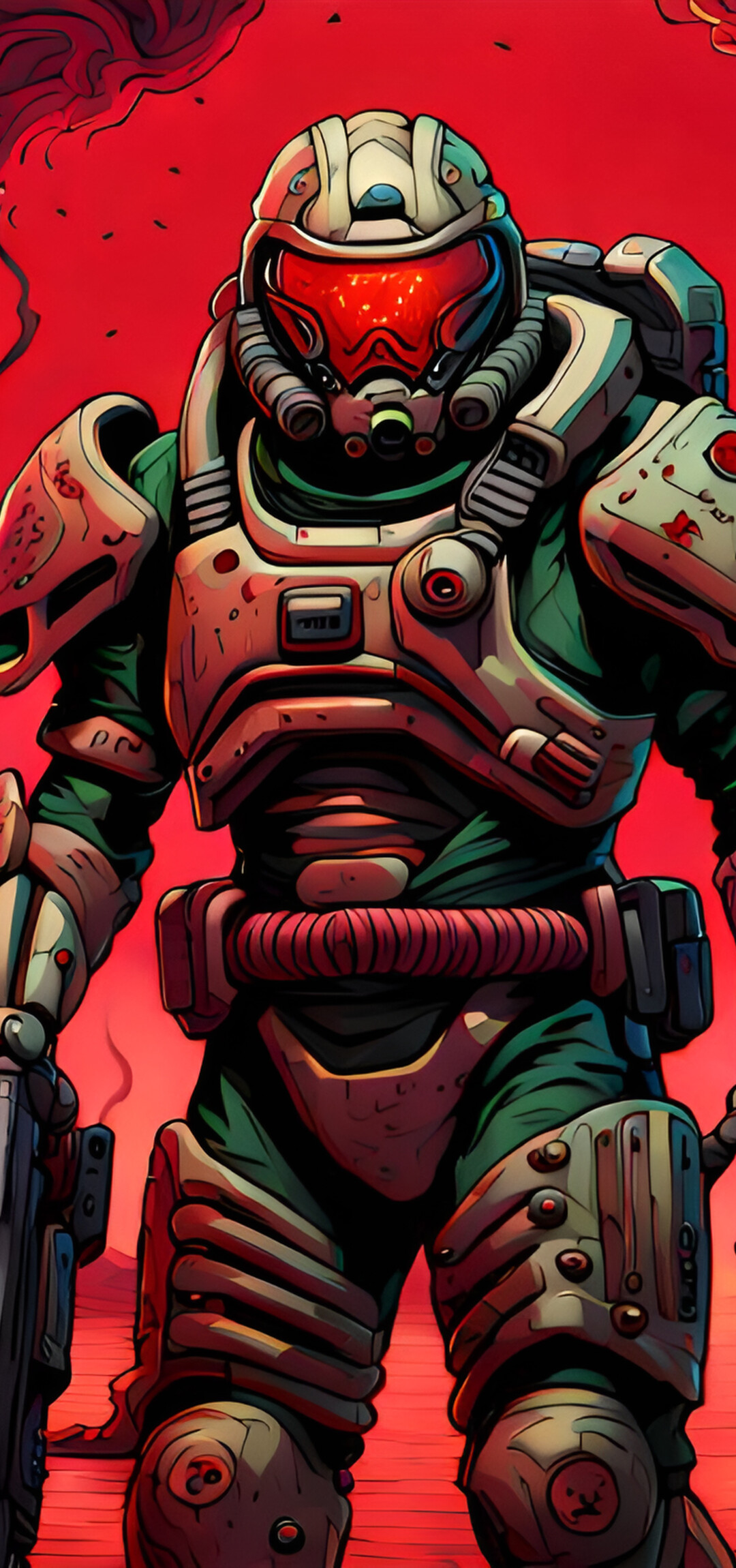 Doomguy from the Doom video game series in a combat-ready stance.