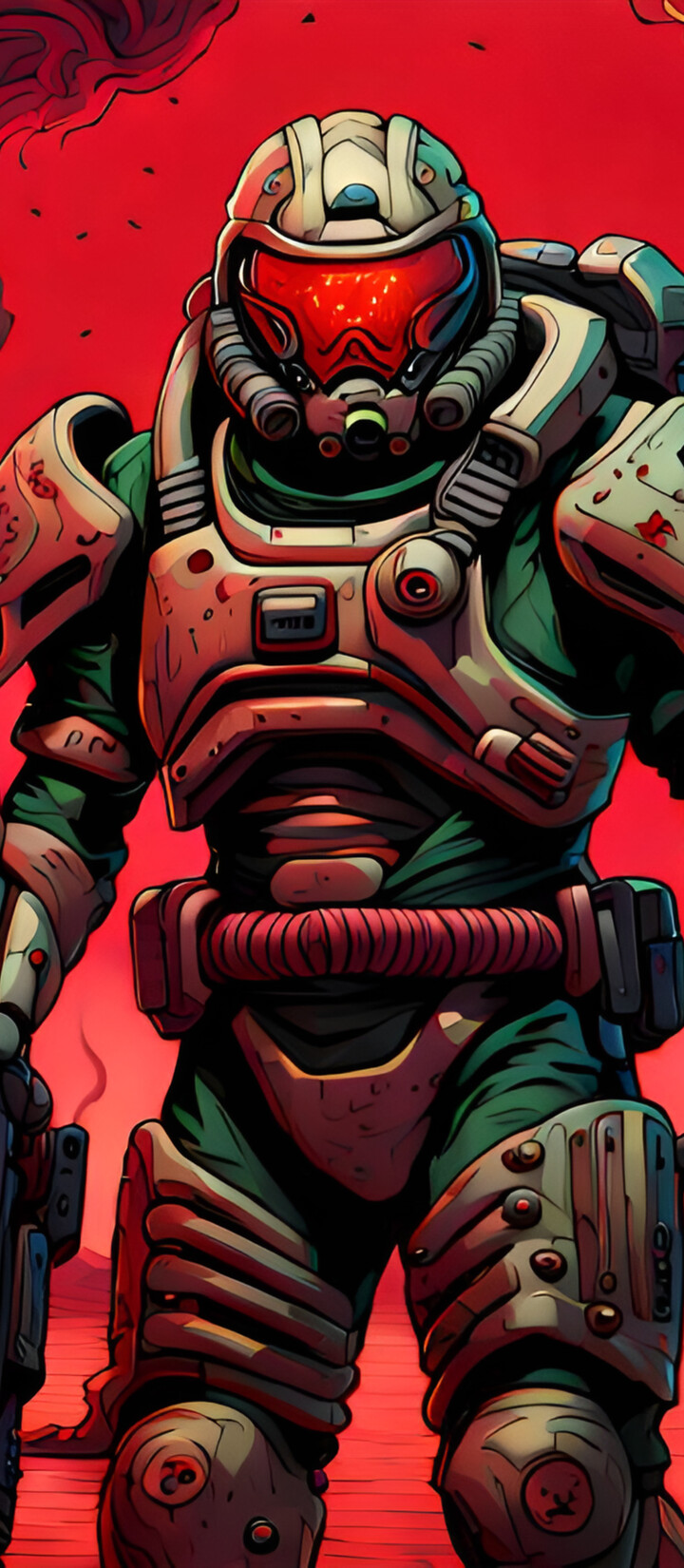 The character Doomguy from the Doom video game series in a dark, atmospheric setting prepared for battle.