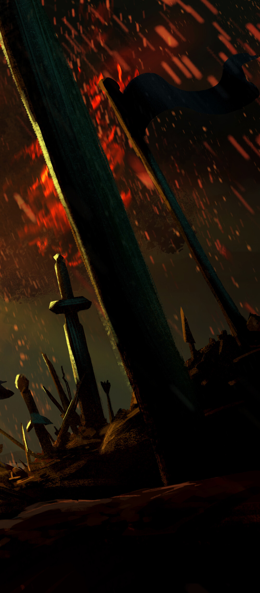 A powerful warrior made of burning wood and embers wielding a flaming sword in a dark, scorched forest.