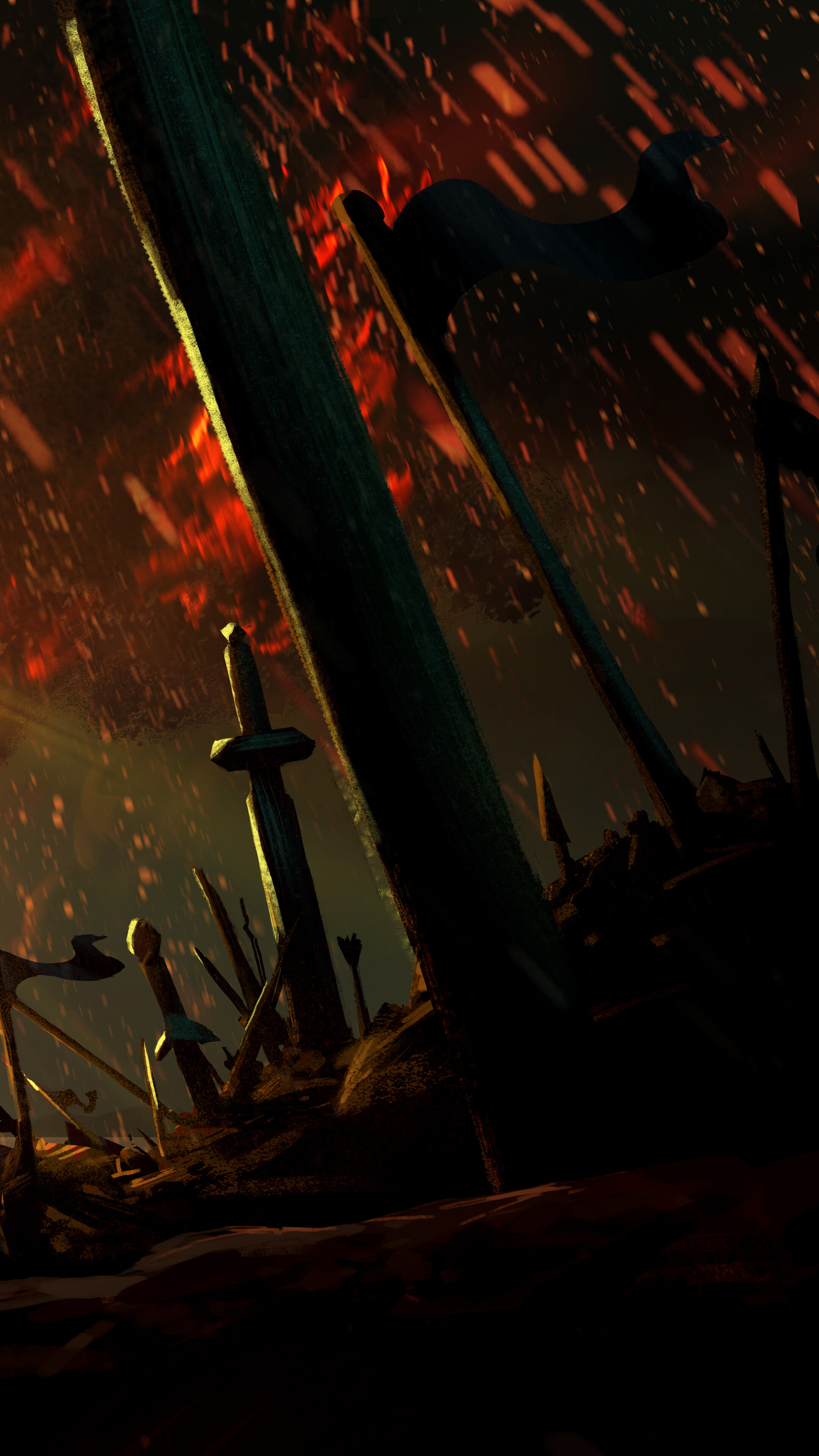 A battle-worn warrior wielding a flaming sword in the middle of a burning forest.