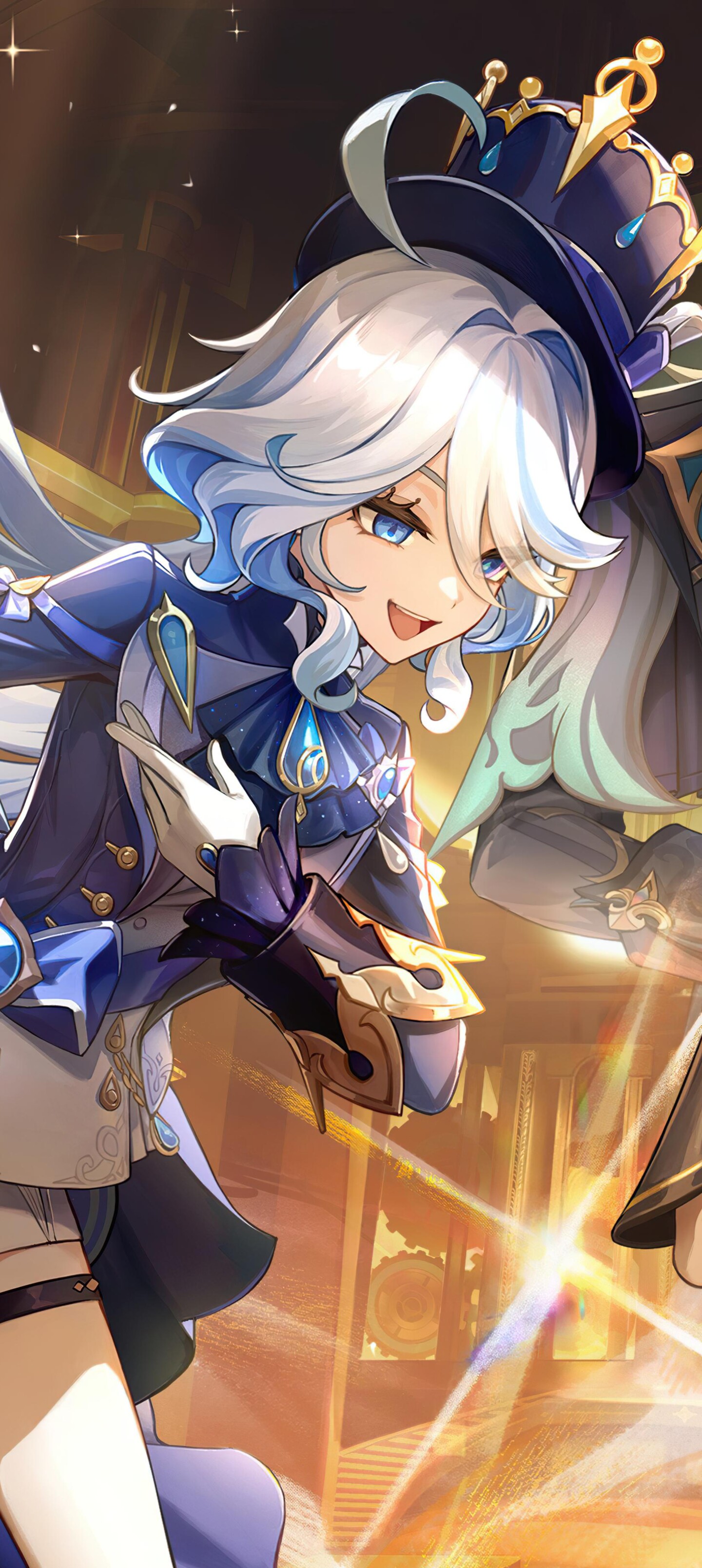 Un ritratto di gruppo che raffigura Furina, Lyney, Lynette e Neuvillette, personaggi del videogioco Genshin Impact.