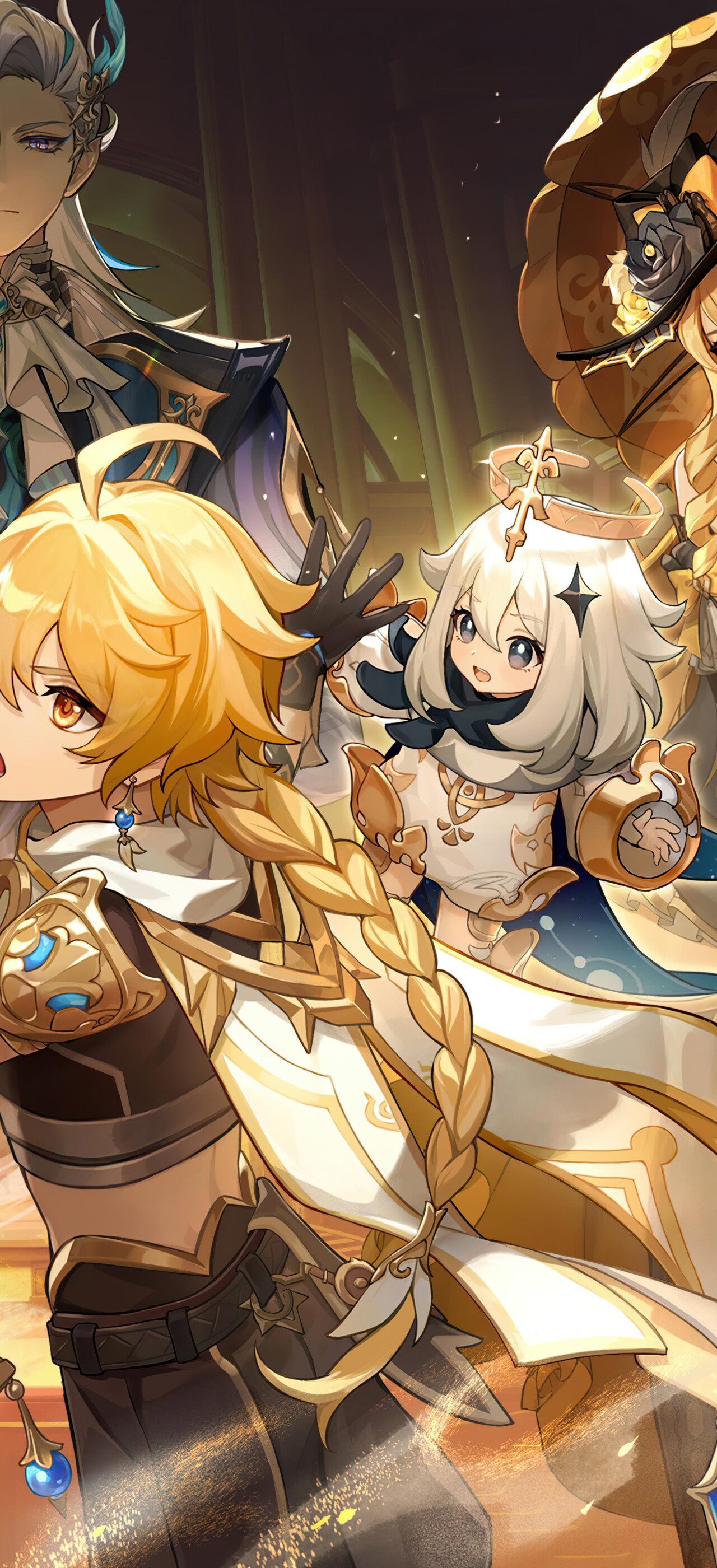 An ensemble of Genshin Impact characters featuring Furina, Lyney, Lynette, and Neuvillette.