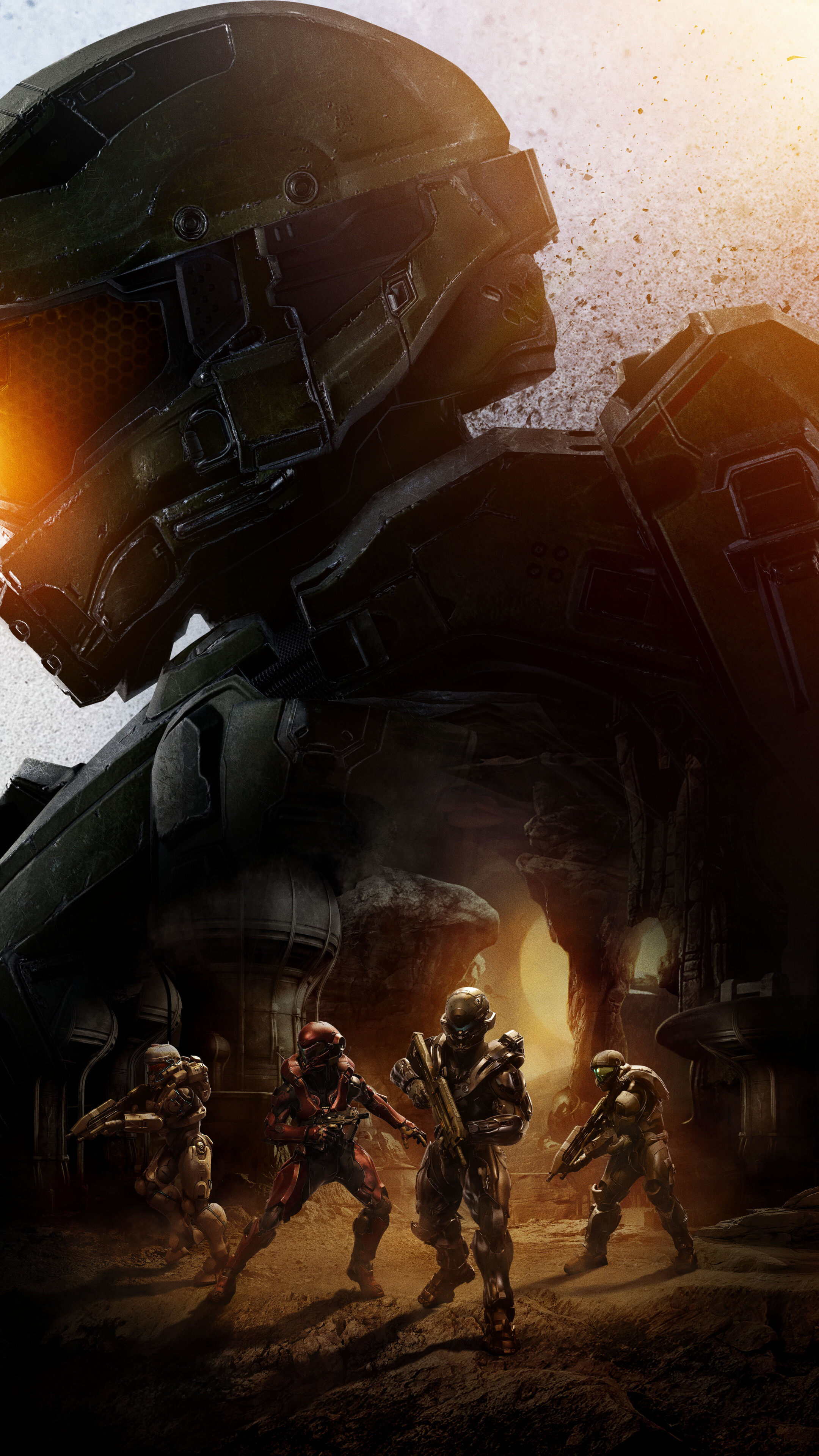 Master Chief wearing his signature green Mjolnir armor from the Halo 5: Guardians video game.