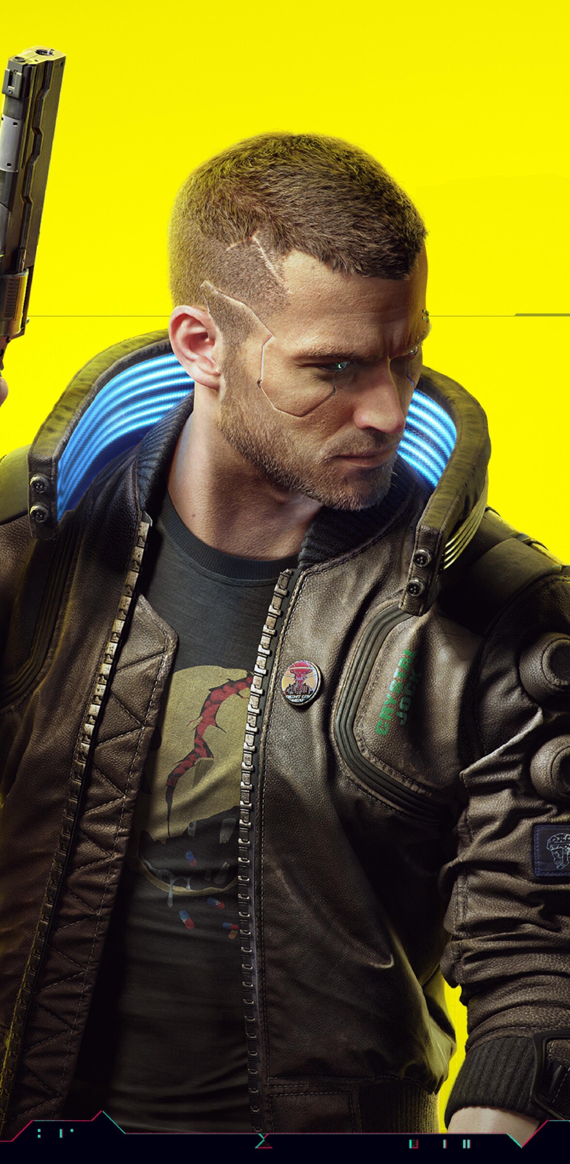 A futuristic character with glowing blue cybernetic implants and neon-lit tactical armor standing in a dark, rainy cyberpunk street.
