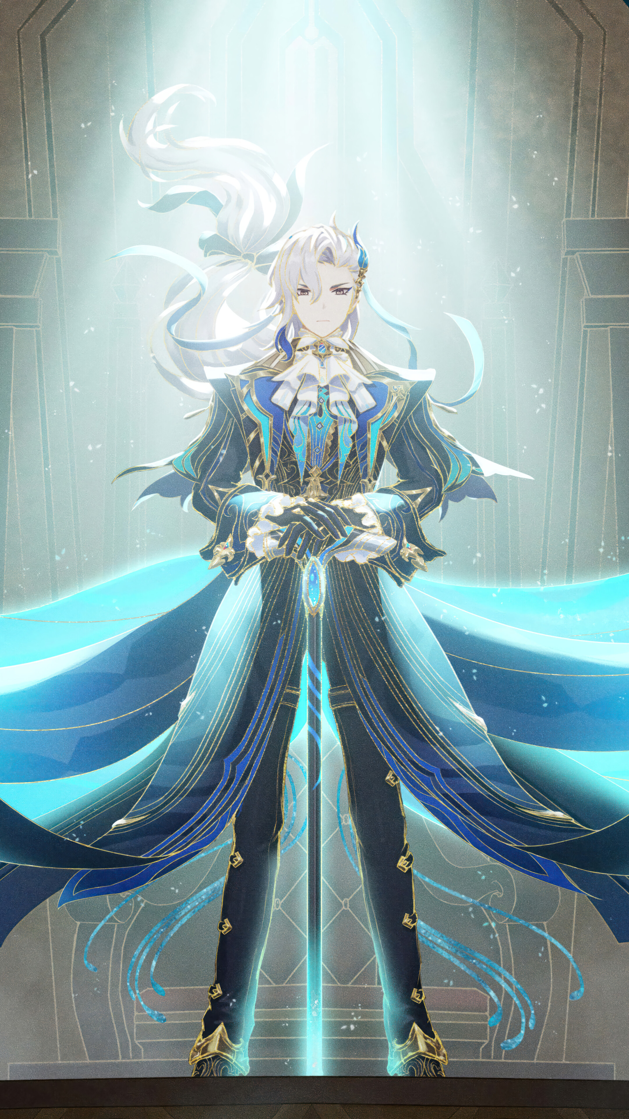 Un retrato de alta calidad de Neuvillette, de Genshin Impact, que muestra su característico cabello plateado y su atuendo azul de Fontaine.