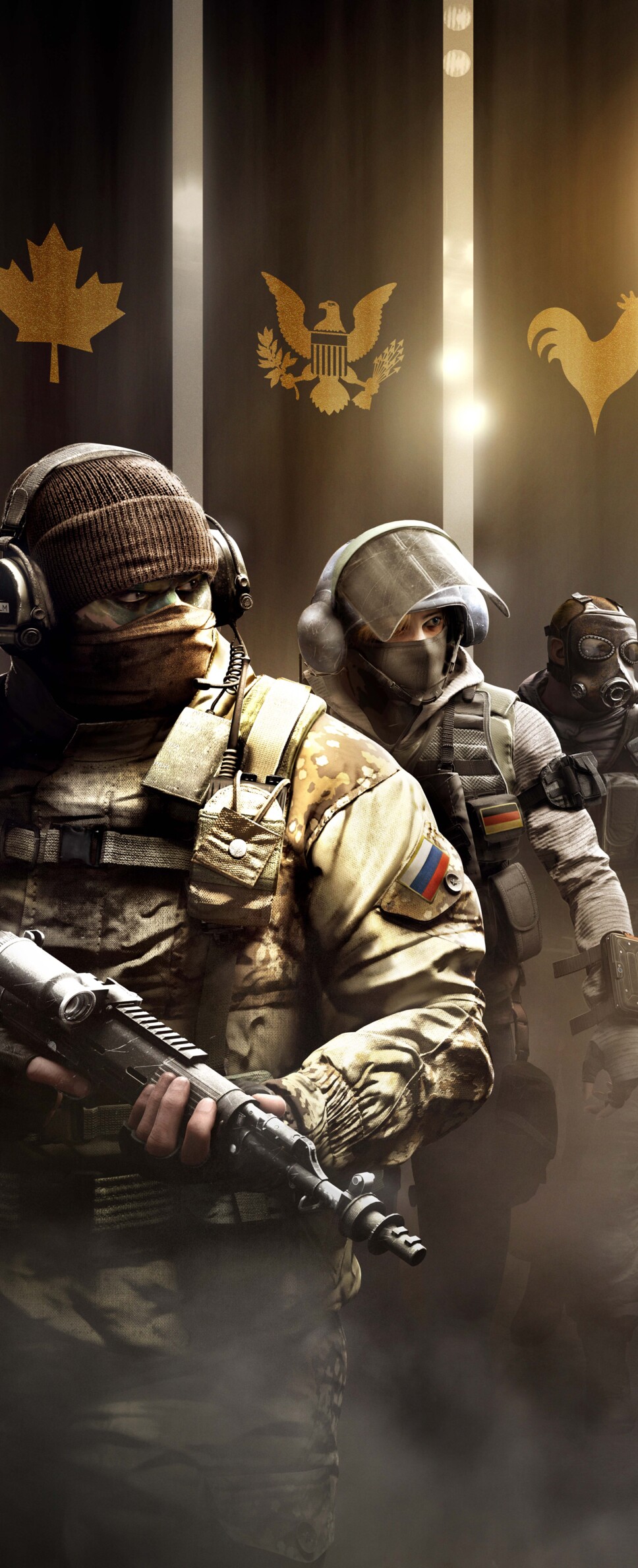 An elite tactical operator in full combat gear and a helmet from the video game Tom Clancy's Rainbow Six Siege.