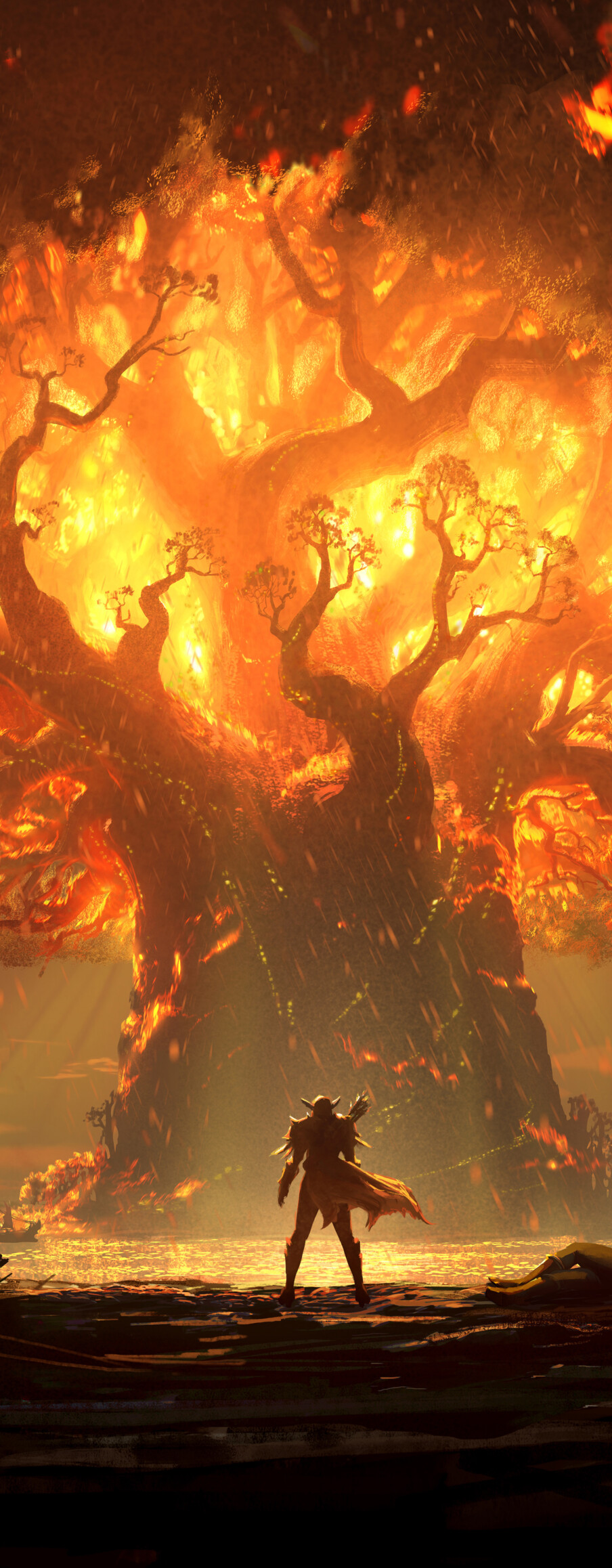 A warrior wielding a flaming sword in a burning forest, inspired by World of Warcraft style.