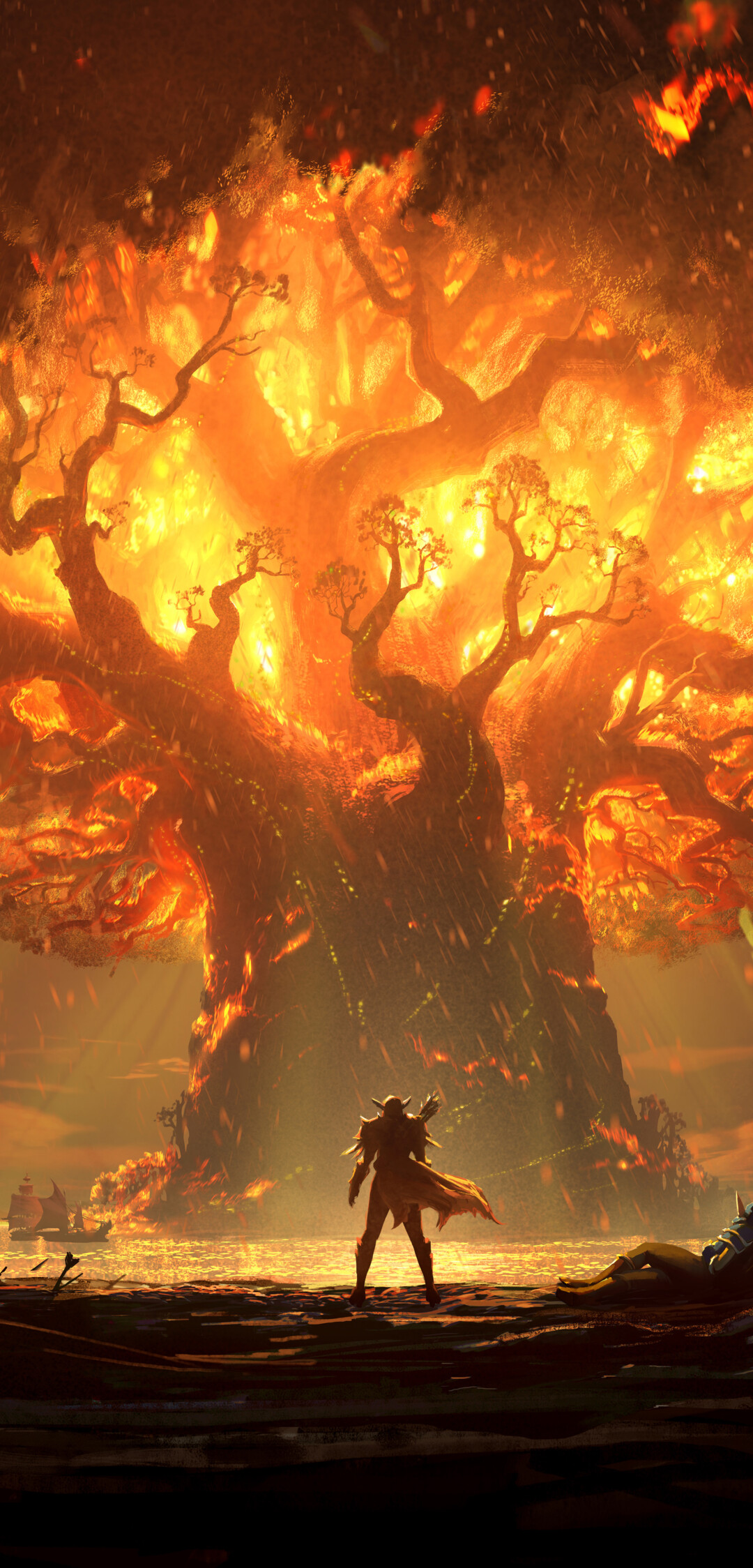 A warrior wielding a flaming sword in a burning forest, styled after World of Warcraft.