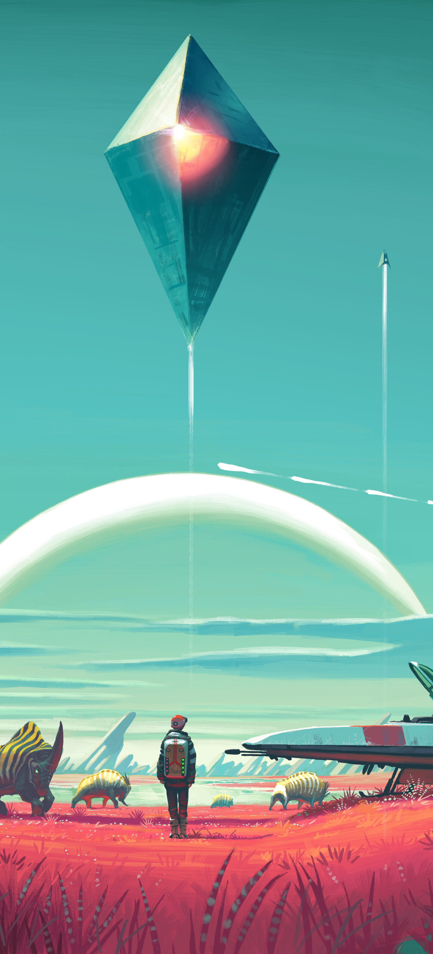 The Traveler overlooking a colorful, procedurally generated alien planet in No Man's Sky.