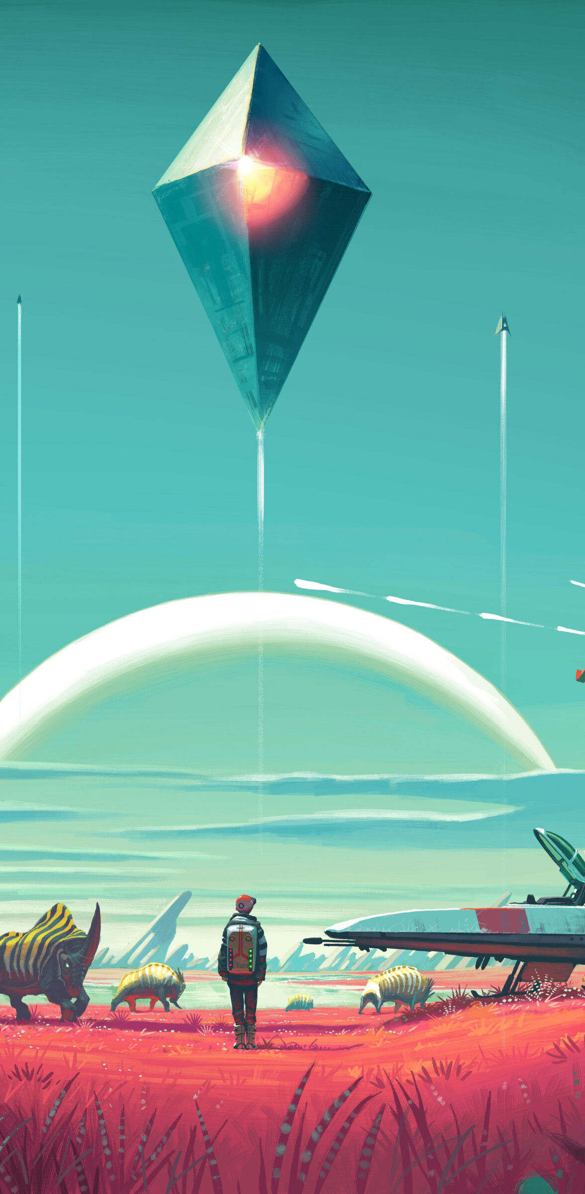 A space explorer wearing a high-tech exosuit surveying a colorful alien planet landscape in No Man's Sky.