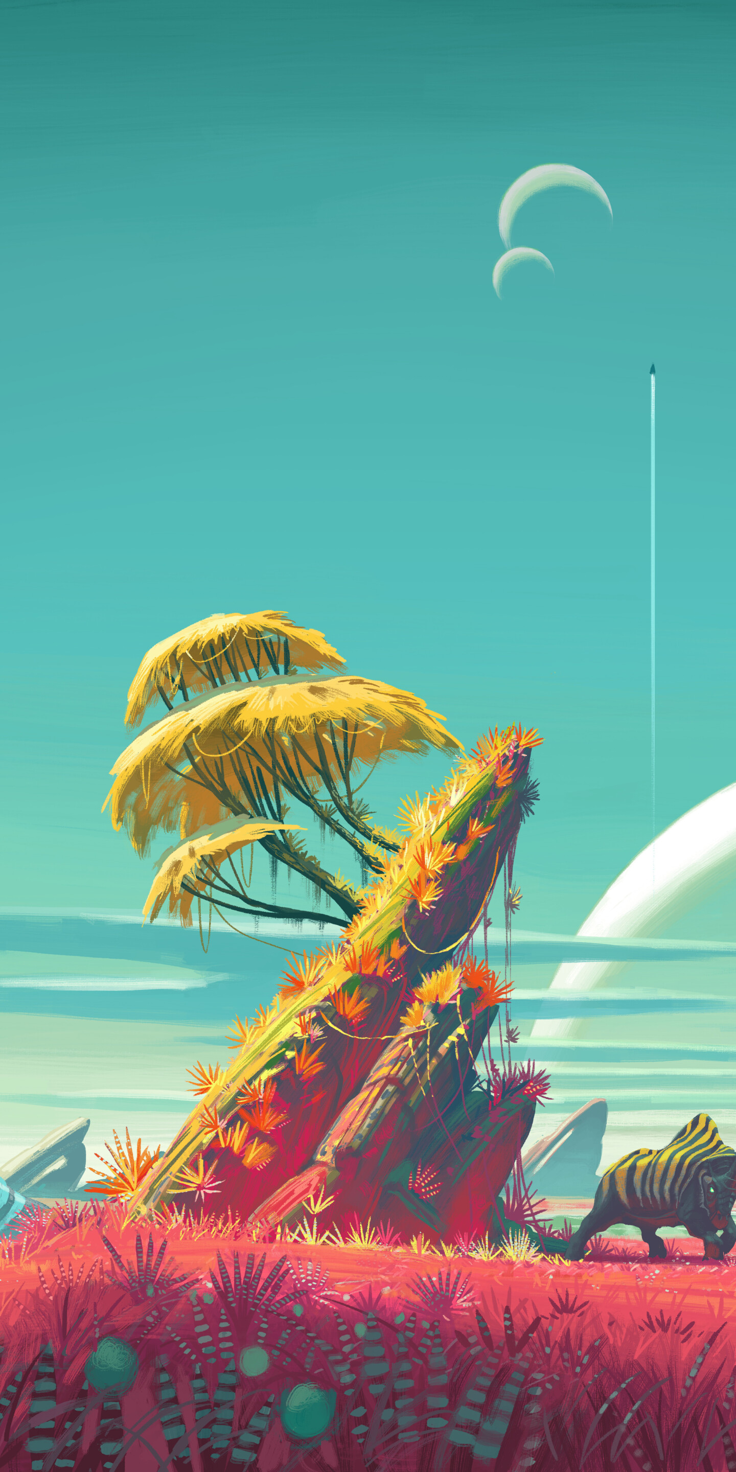 A sci-fi Traveler in a pressurized space suit overlooking a colorful and exotic alien landscape from No Man's Sky.
