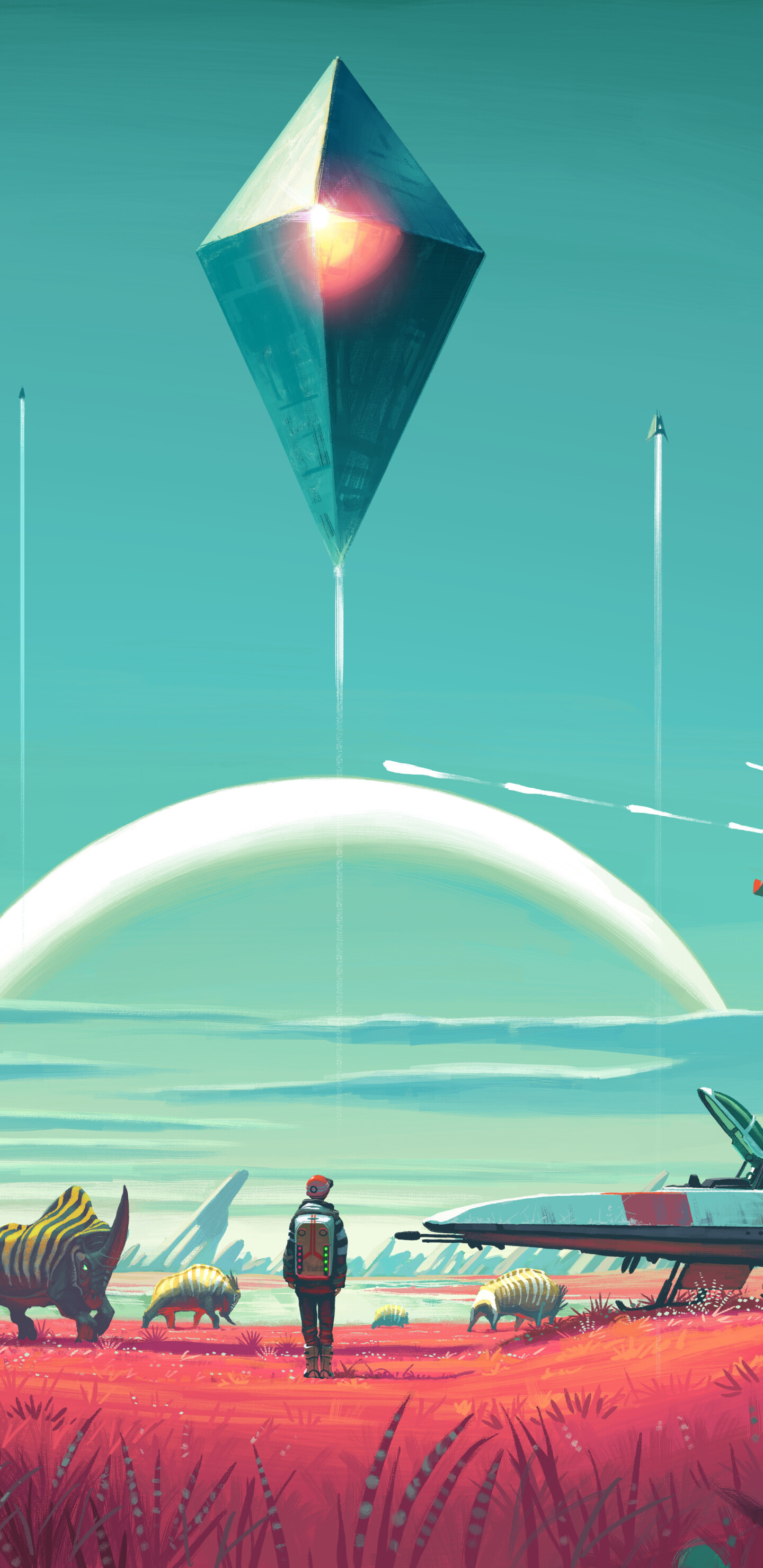 A character known as the Traveler from No Man's Sky overlooking a colorful alien planet surface under a cosmic sky.
