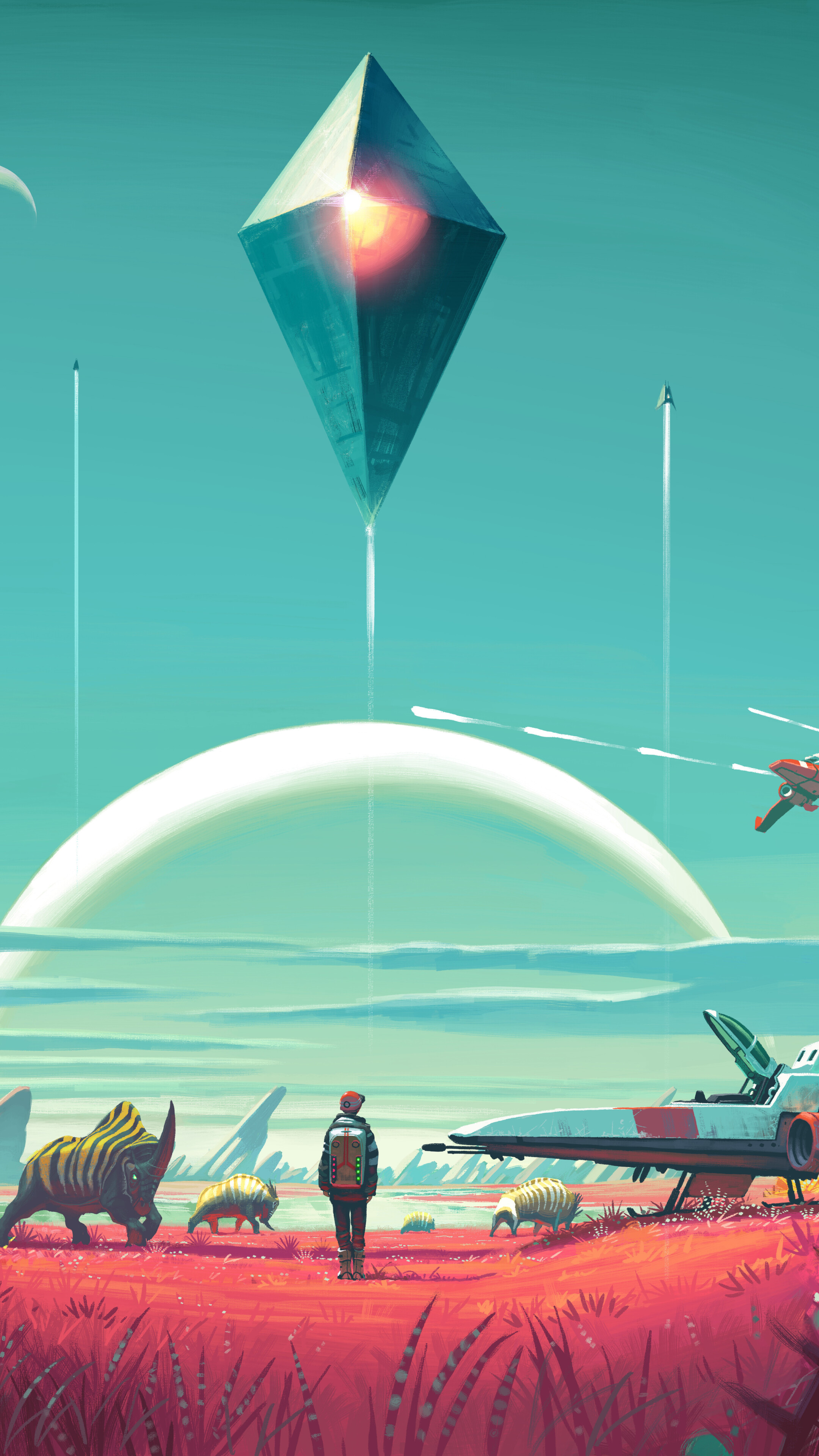 A sci-fi character known as a Traveler from No Man's Sky standing on a colorful, alien planet under a multi-mooned sky.