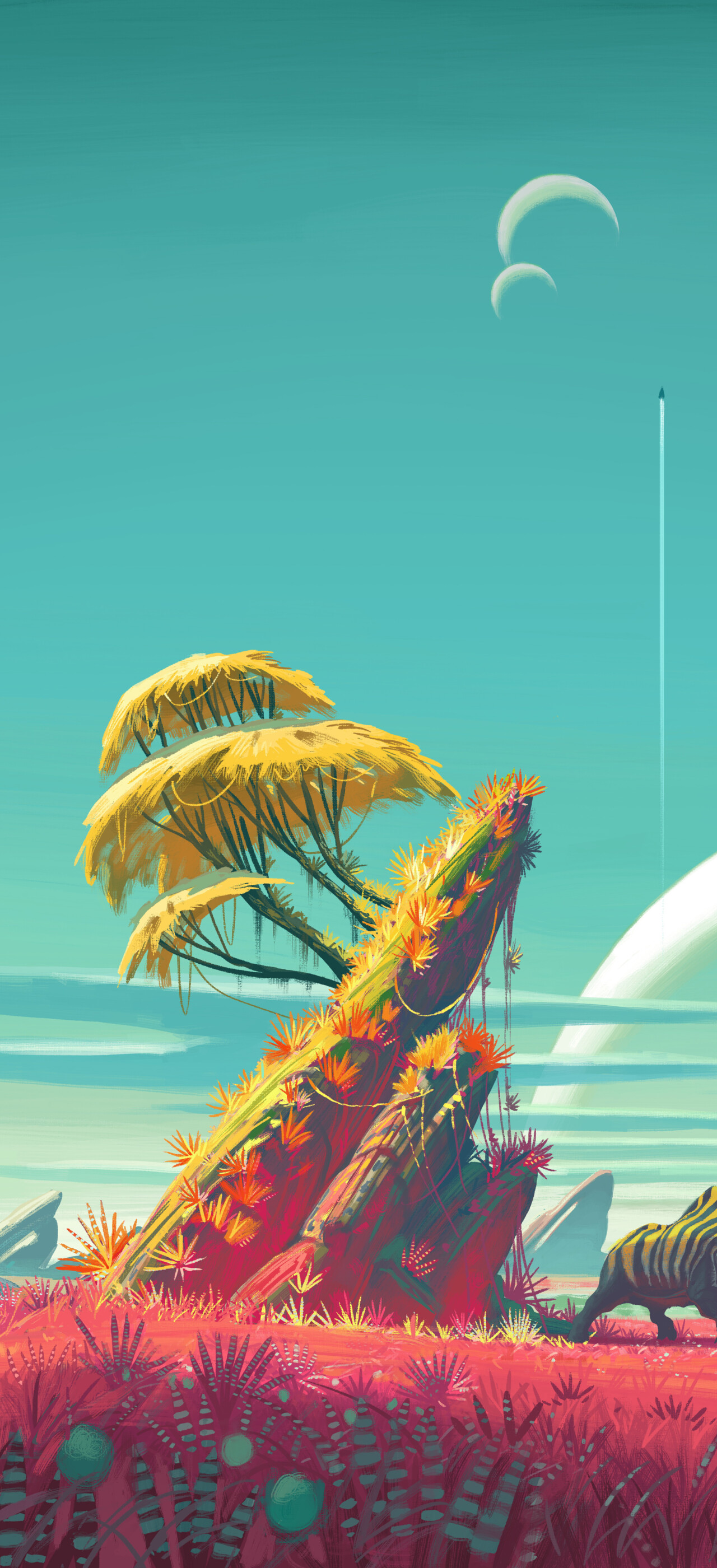 A sci-fi space traveler in an advanced exosuit surveying a colorful alien planet landscape in the game No Man's Sky.