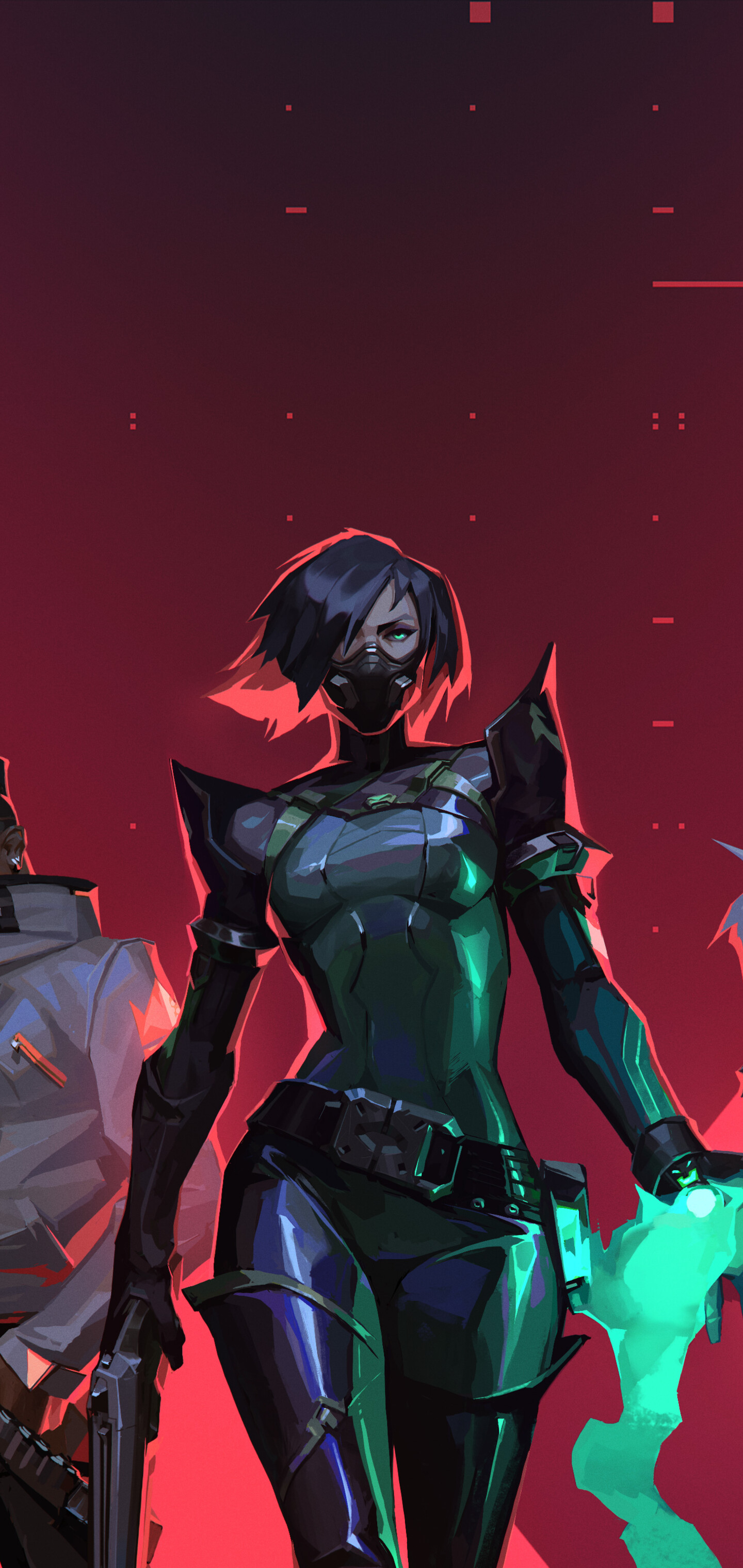 A group composition of Valorant agents Jett, Viper, Phoenix, Cypher, and Sova.